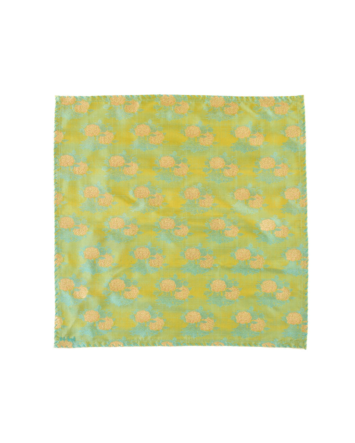 Sunny Green Banarasi Ethnic Bouquet Tanchoi Brocade Handwoven Silk Pocket Square with Zari Accents-HolyWeaves