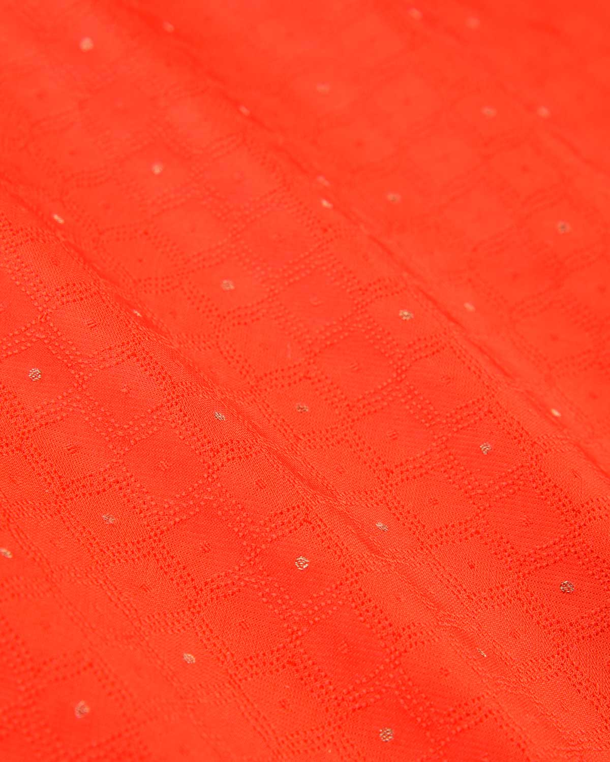 Vermilion Banarasi Geometric Grids Tanchoi Brocade Handwoven Silk Pocket Square with Zari Accents-HolyWeaves