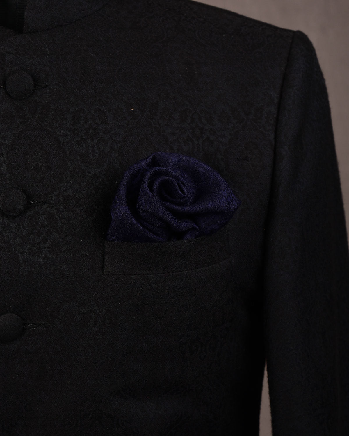 Navy Blue Banarasi Damask Tanchoi Handwoven Silk Wool Pocket Square-HolyWeaves