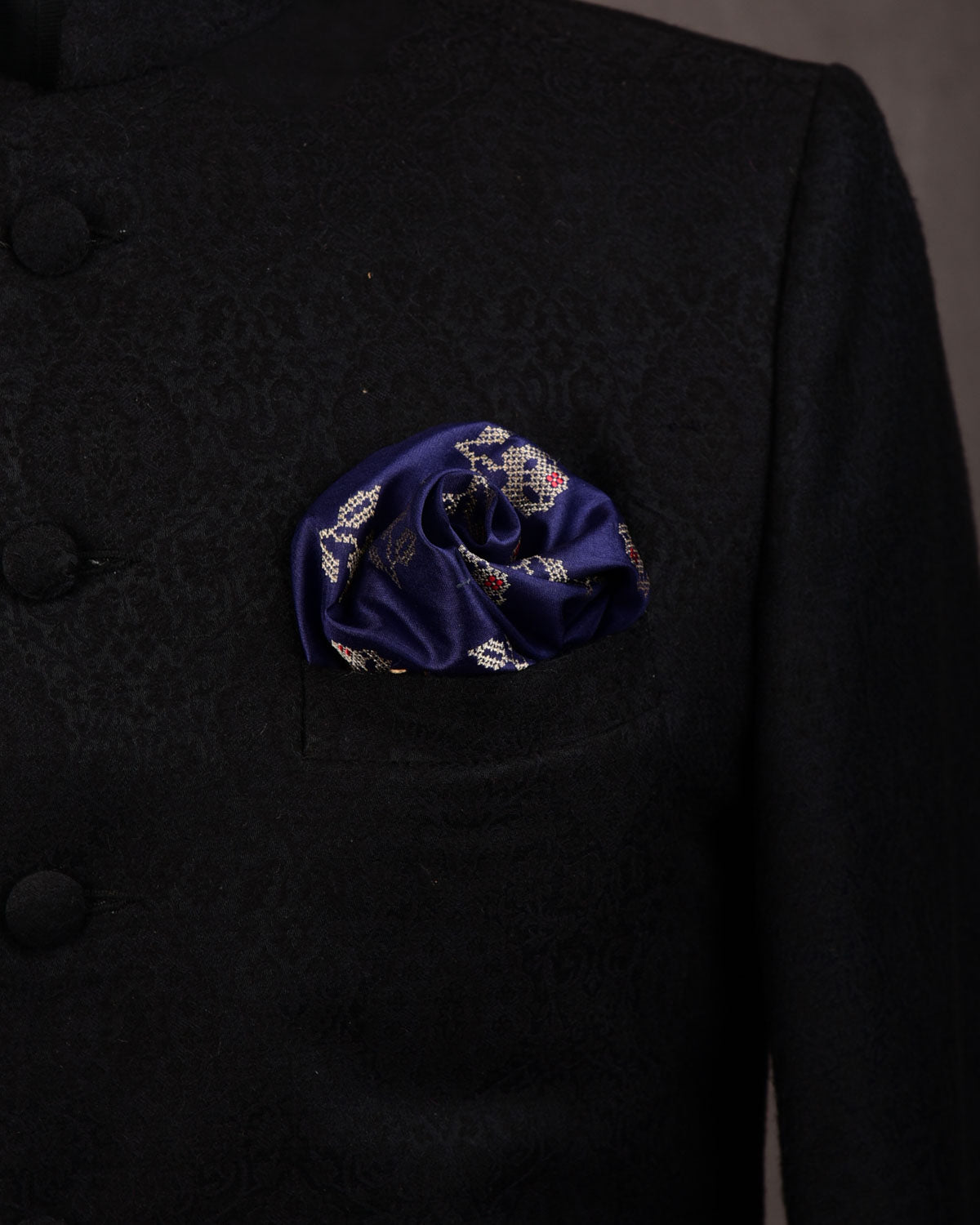 Navy Blue Banarasi Gold Zari Rose Brocade Handwoven Silk Pocket Square-HolyWeaves