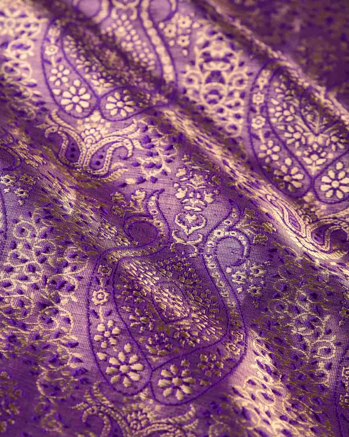 Metallic Purple Gold Zari Ethnic Damask Tanchoi Handwoven Silk Pocket Square-HolyWeaves