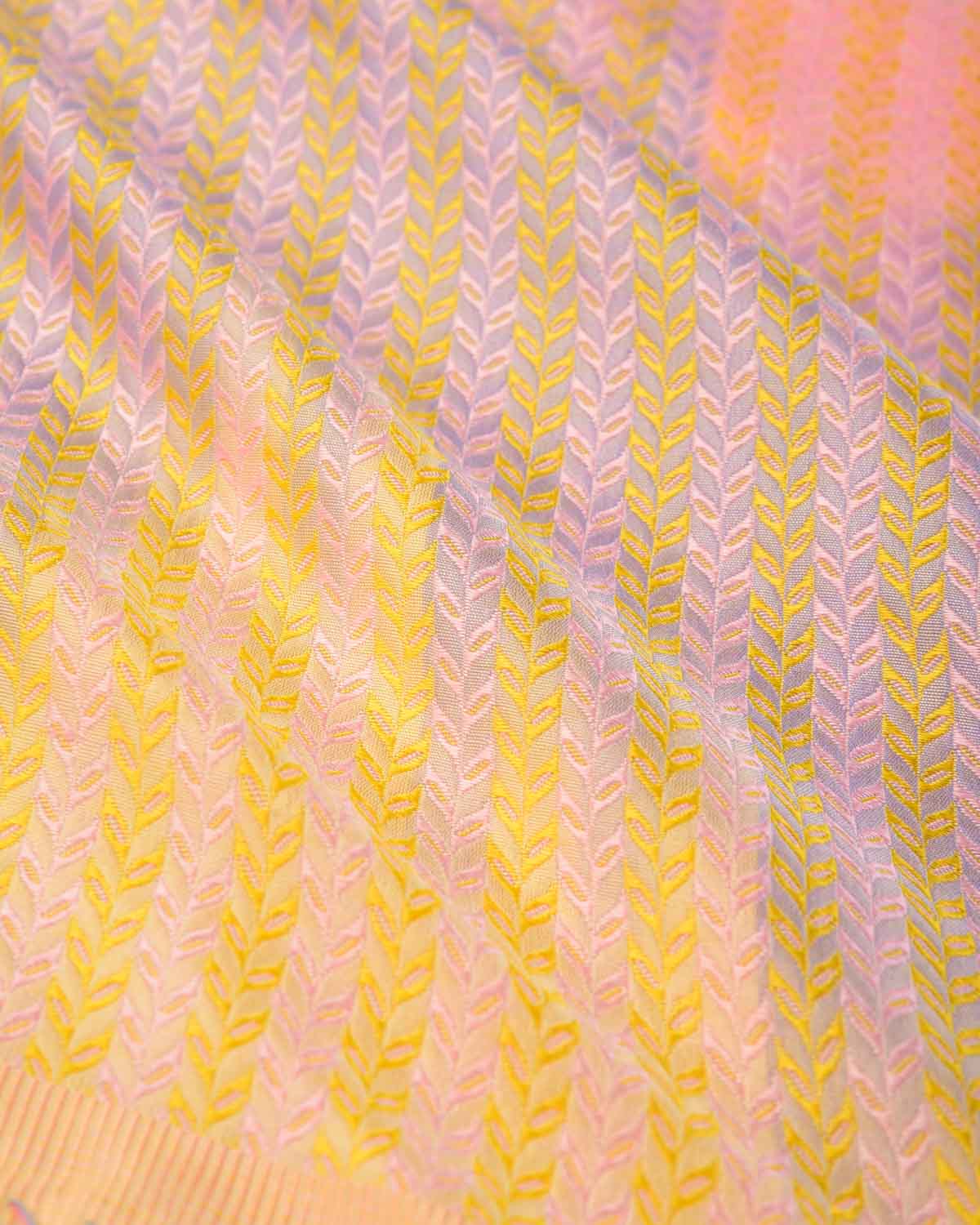 Ombre Yellow Herring Bone Leaves Handwoven Silk Pocket Square for Men with Stripe Borders-HolyWeaves