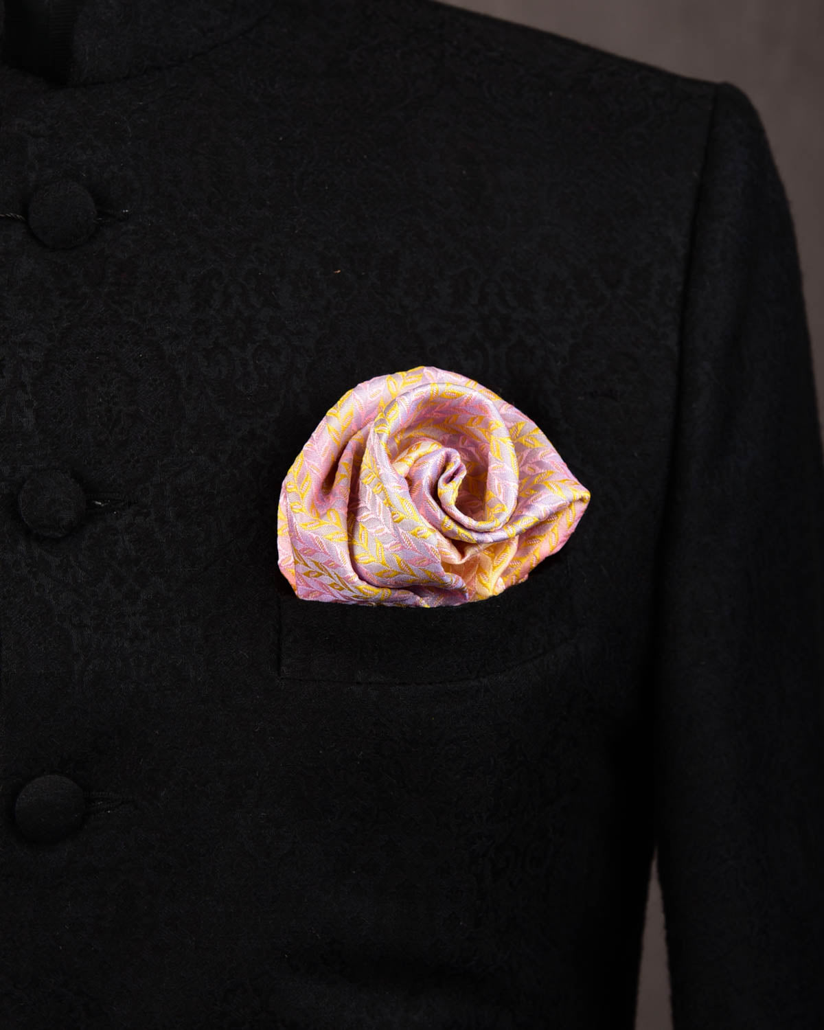 Ombre Yellow Herring Bone Leaves Handwoven Silk Pocket Square for Men with Stripe Borders-HolyWeaves