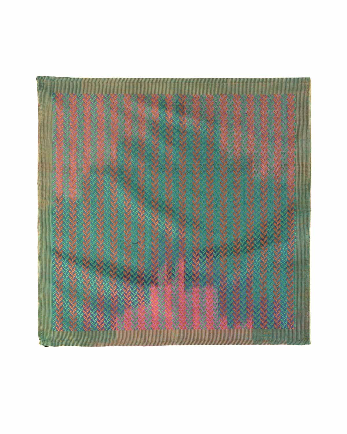 Ombre Blue Herring Bone Leaves Handwoven Silk Pocket Square for Men with Stripe Borders-HolyWeaves