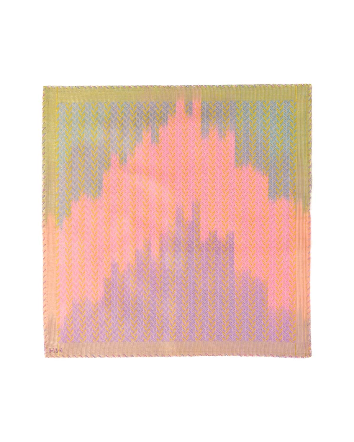 Ombre Pink Silver Zari Herring Bone Leaves Handwoven Silk Pocket Square for Men with Stripe Borders-HolyWeaves