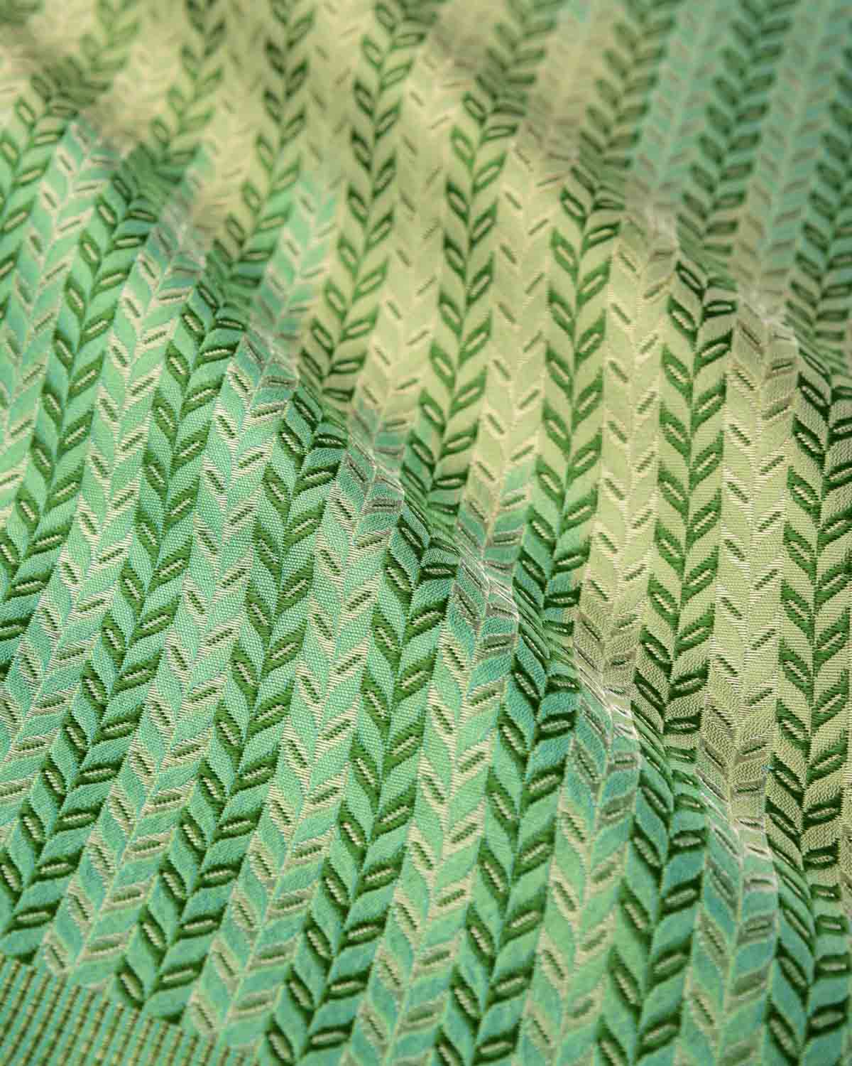 Ombre Green Silver Zari Herring Bone Leaves Handwoven Silk Pocket Square for Men with Stripe Borders-HolyWeaves