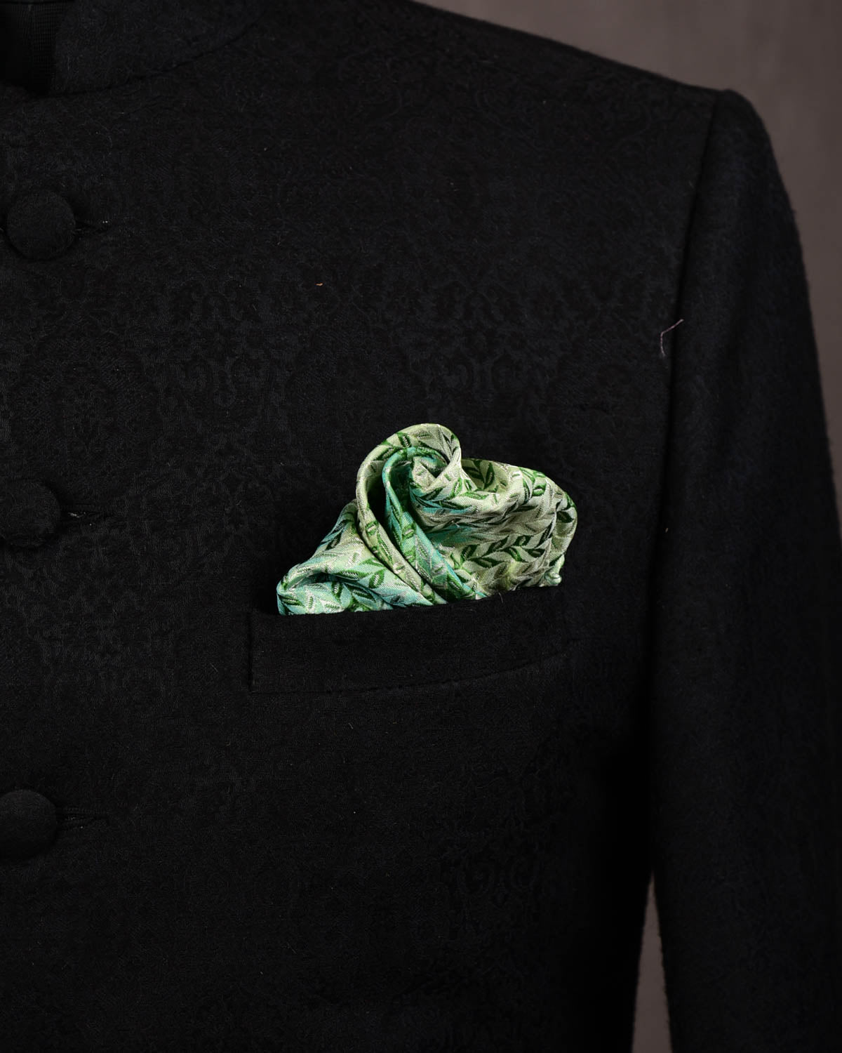 Ombre Green Silver Zari Herring Bone Leaves Handwoven Silk Pocket Square for Men with Stripe Borders-HolyWeaves