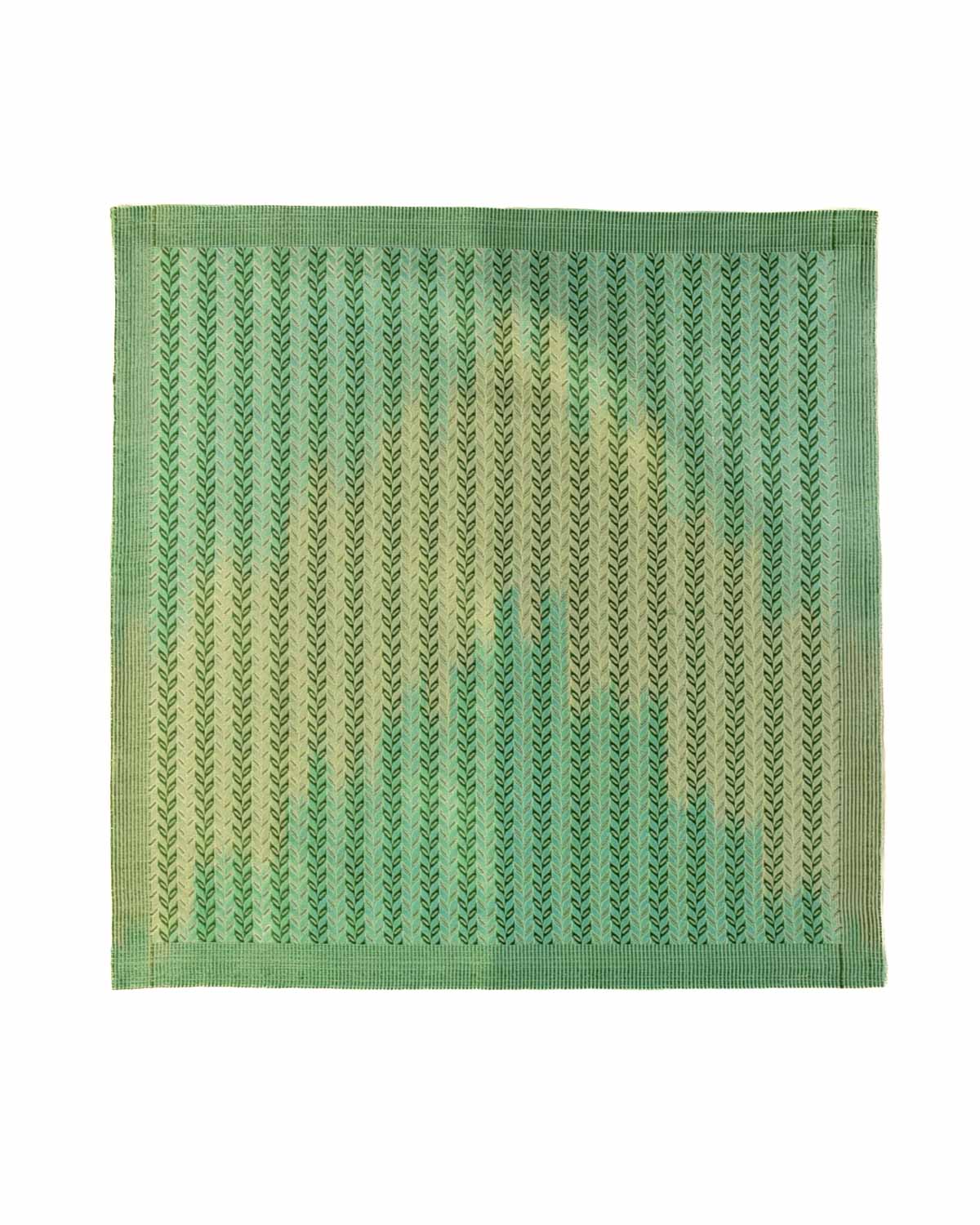 Ombre Green Silver Zari Herring Bone Leaves Handwoven Silk Pocket Square for Men with Stripe Borders-HolyWeaves