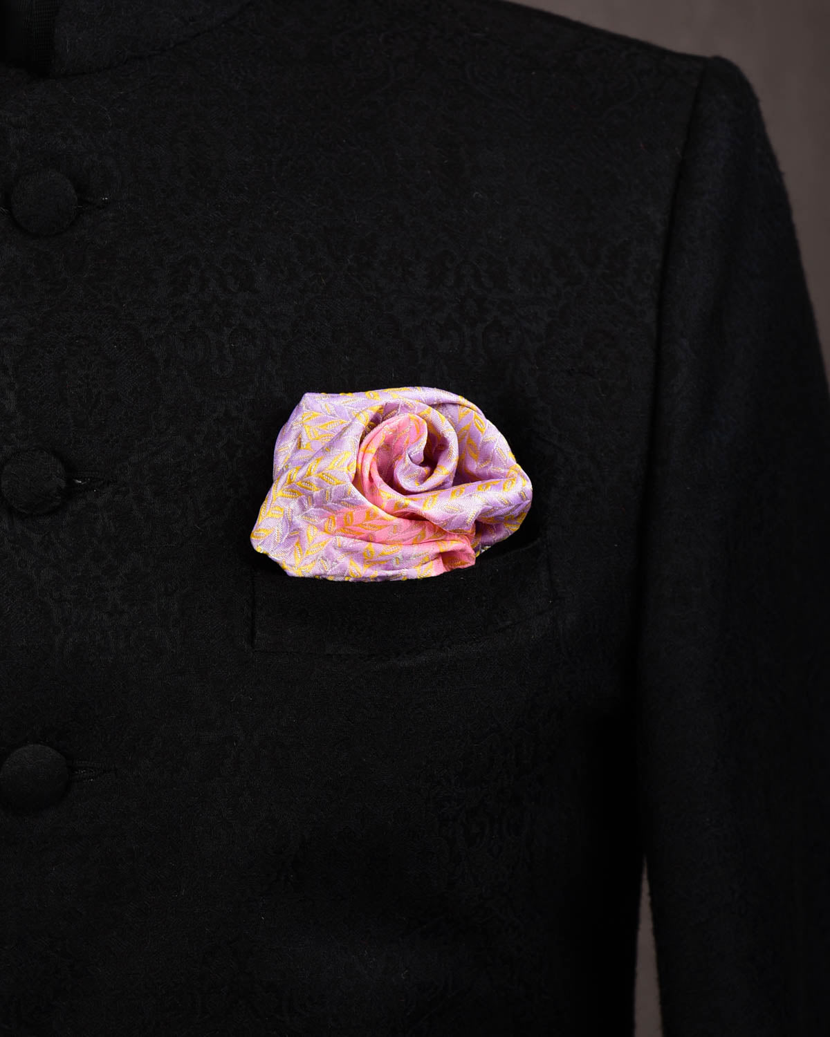 Ombre Pink Silver Zari Herring Bone Leaves Handwoven Silk Pocket Square for Men with Stripe Borders-HolyWeaves