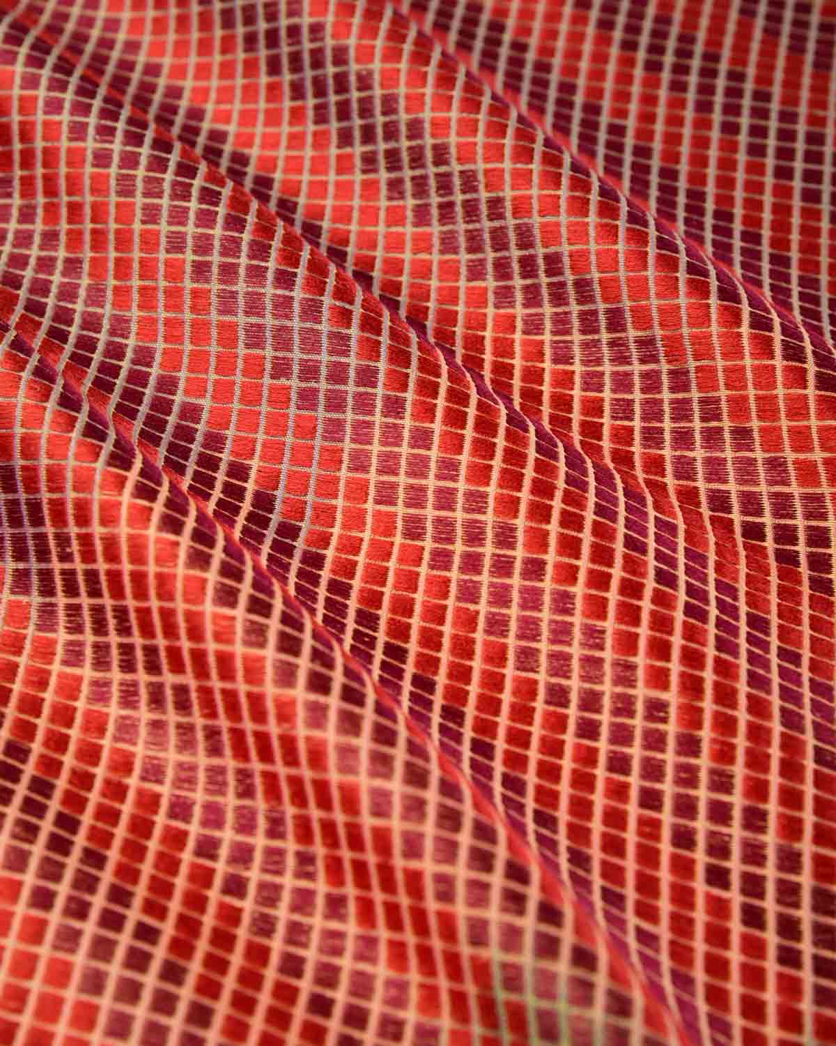 Ombre Maroon Red Chequered Diagonal Stripes Handwoven Silk Pocket Square for Men with Stripe Borders-HolyWeaves