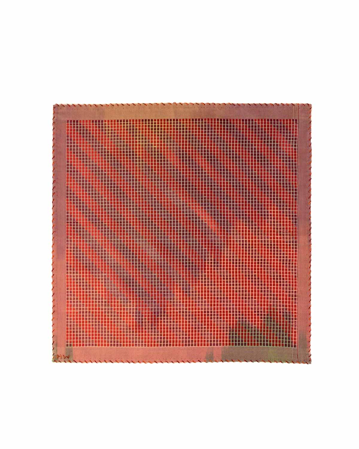 Ombre Maroon Red Chequered Diagonal Stripes Handwoven Silk Pocket Square for Men with Stripe Borders-HolyWeaves