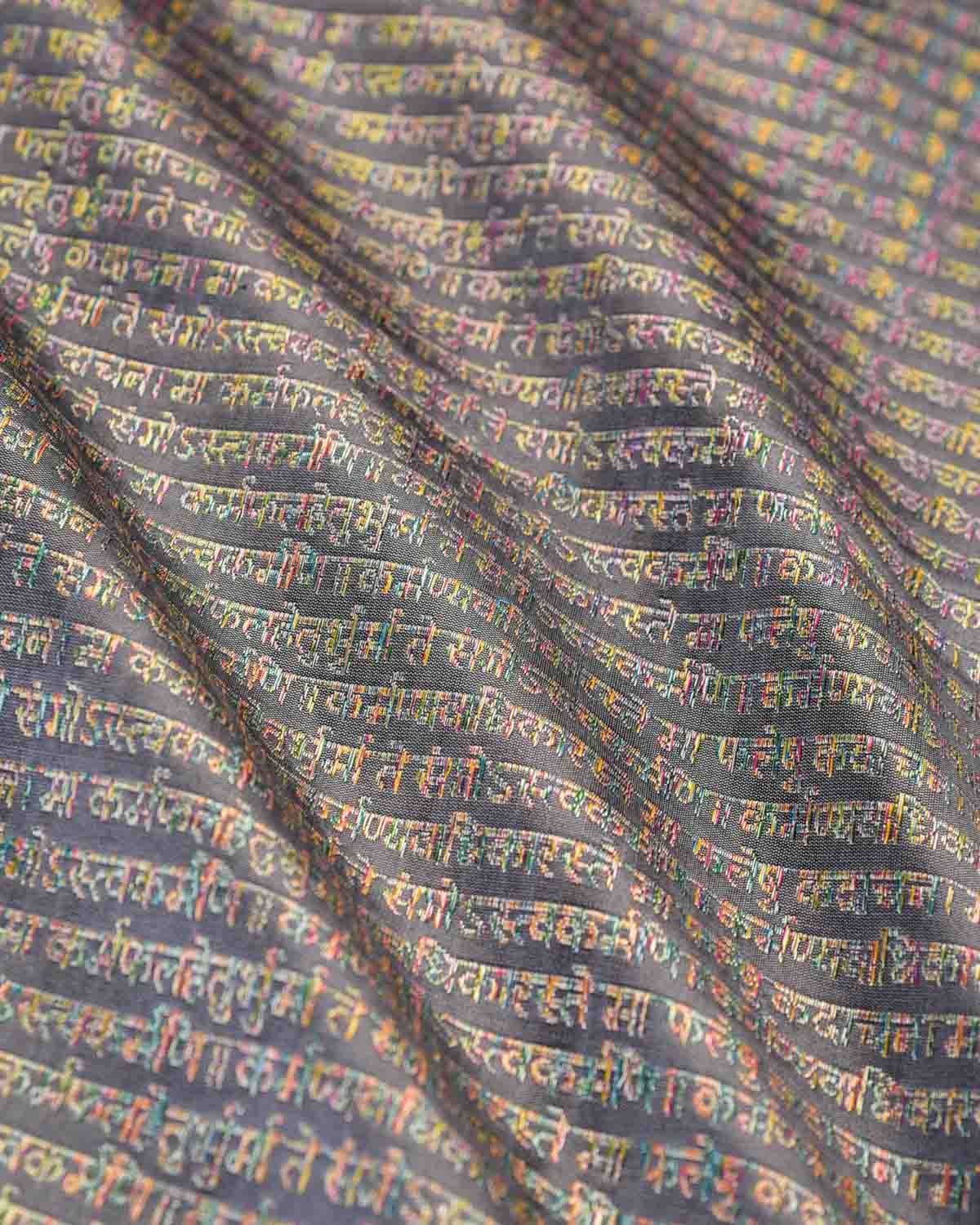 Gray Multicolor Silver Geeta Shlok 2.47 Brocade Handwoven Silk Banarasi Pocket Square for Men-HolyWeaves