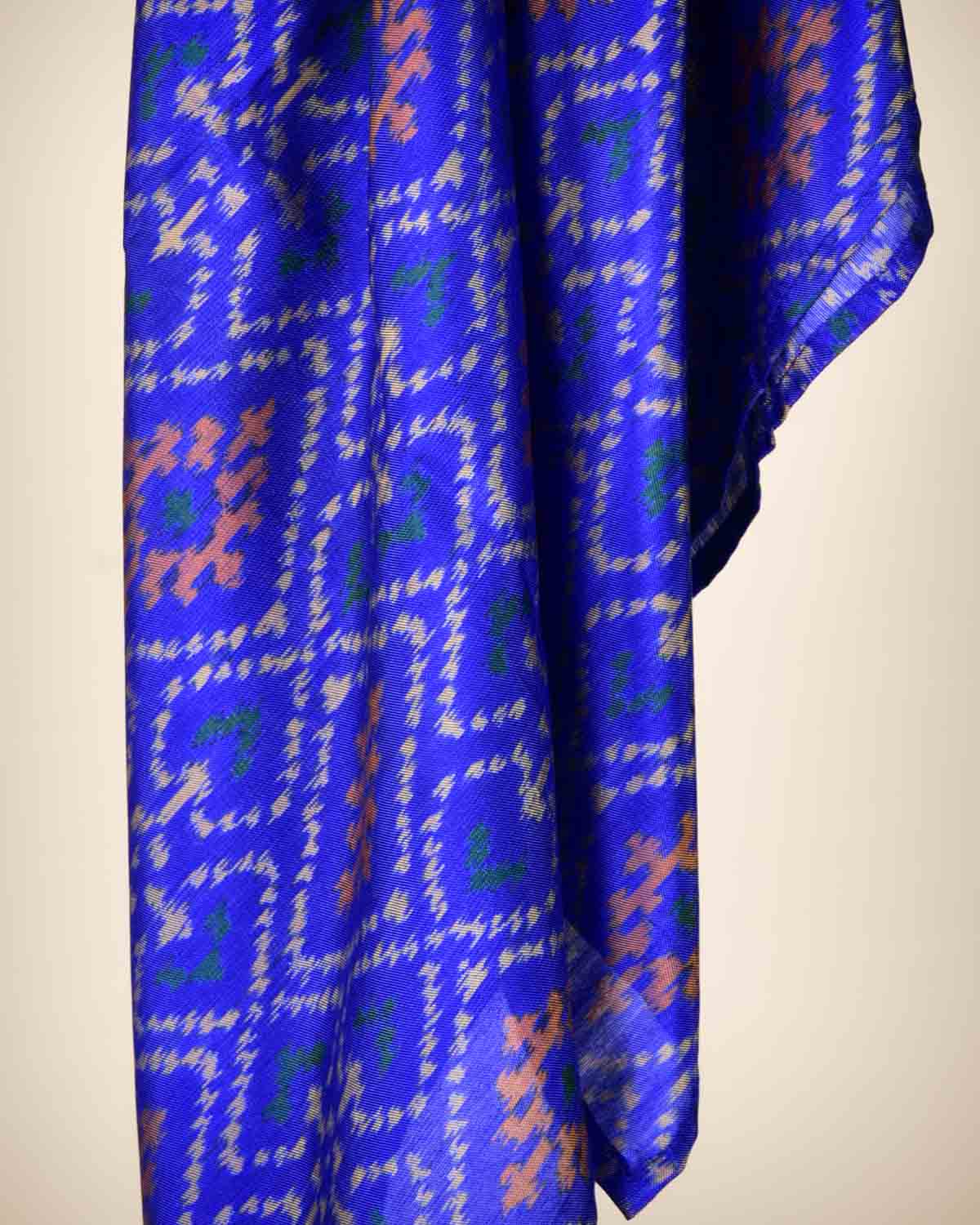 Royal Blue Traditional Ikat Handwoven Silk Scarf 39"x39" - By HolyWeaves, Benares