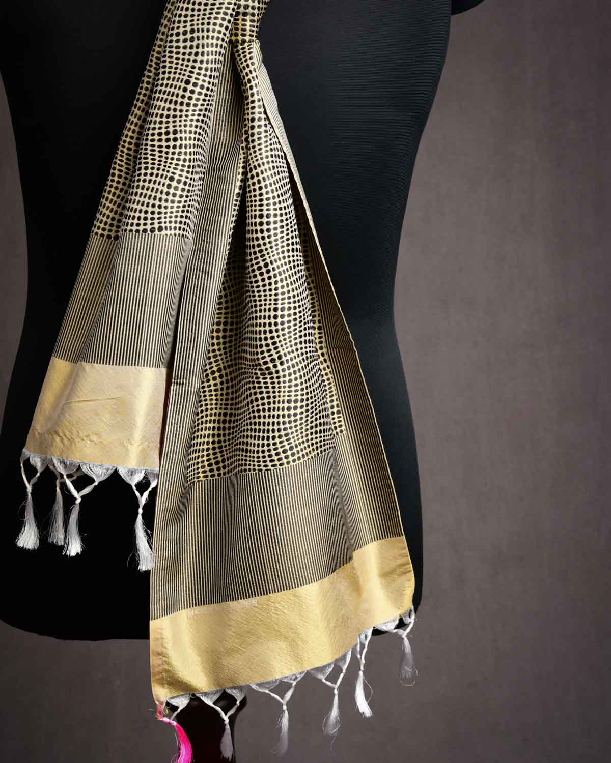 Beige Banarasi Python Stripes Brocade Handwoven Unisex Silk Scarf 80"x10"-HolyWeaves