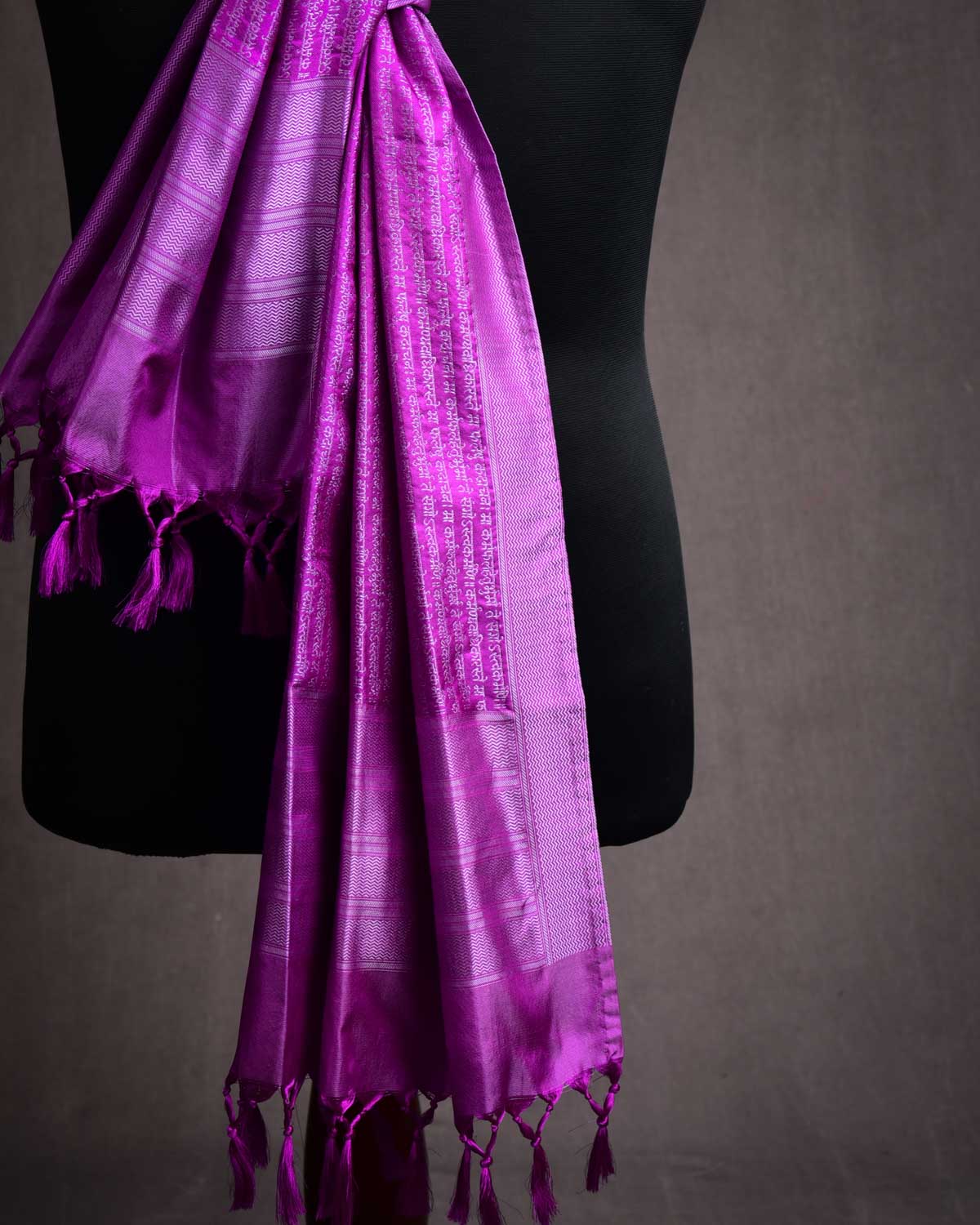 Gray On Magenta Banarasi Geeta Shlok Brocade Handwoven Silk Scarf 72"x21"-HolyWeaves