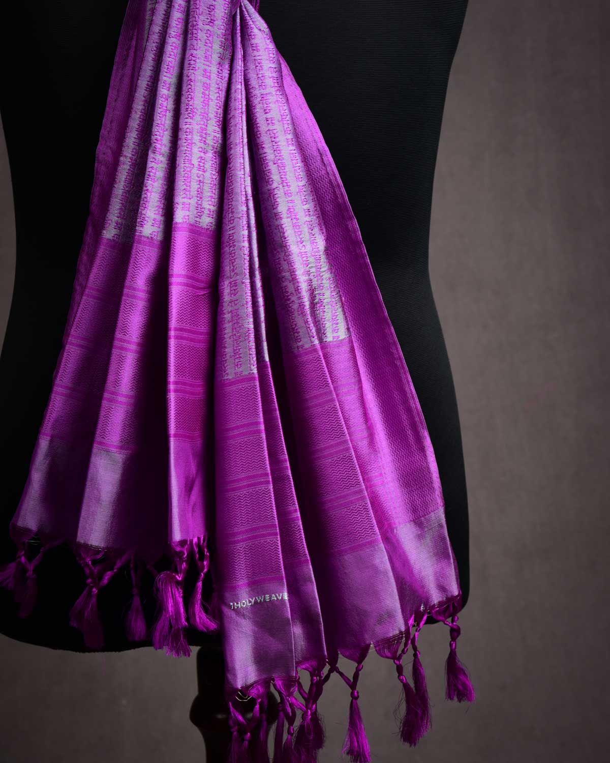 Magenta On Gray Banarasi Geeta Shlok Brocade Handwoven Silk Scarf 72"x21"-HolyWeaves