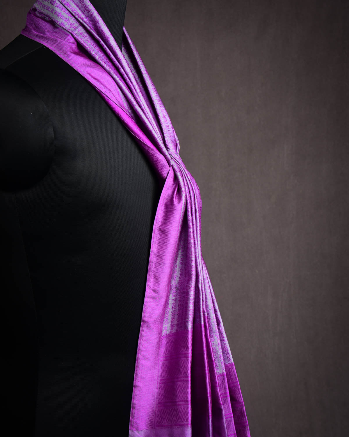 Magenta On Gray Banarasi Geeta Shlok Brocade Handwoven Silk Scarf 72"x21"-HolyWeaves