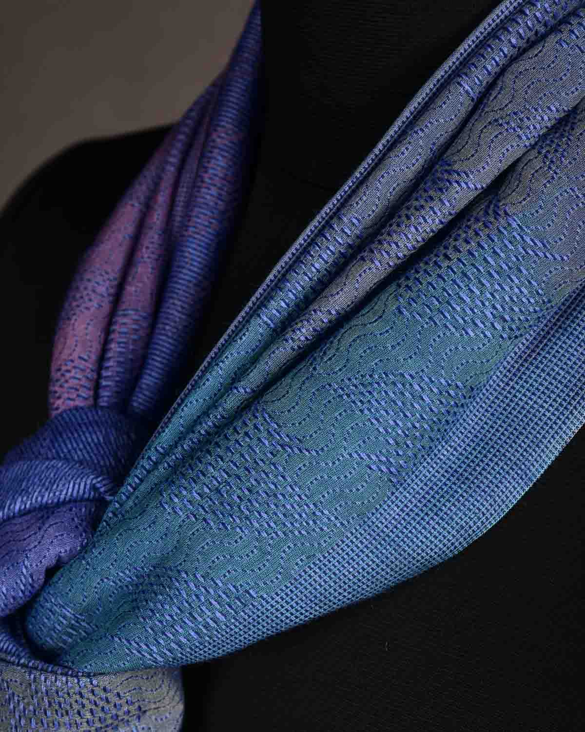 Multi-color Pinstripe Oceanic Pisces Tanchoi Handwoven Silk Wool Scarf 80"x22"-HolyWeaves