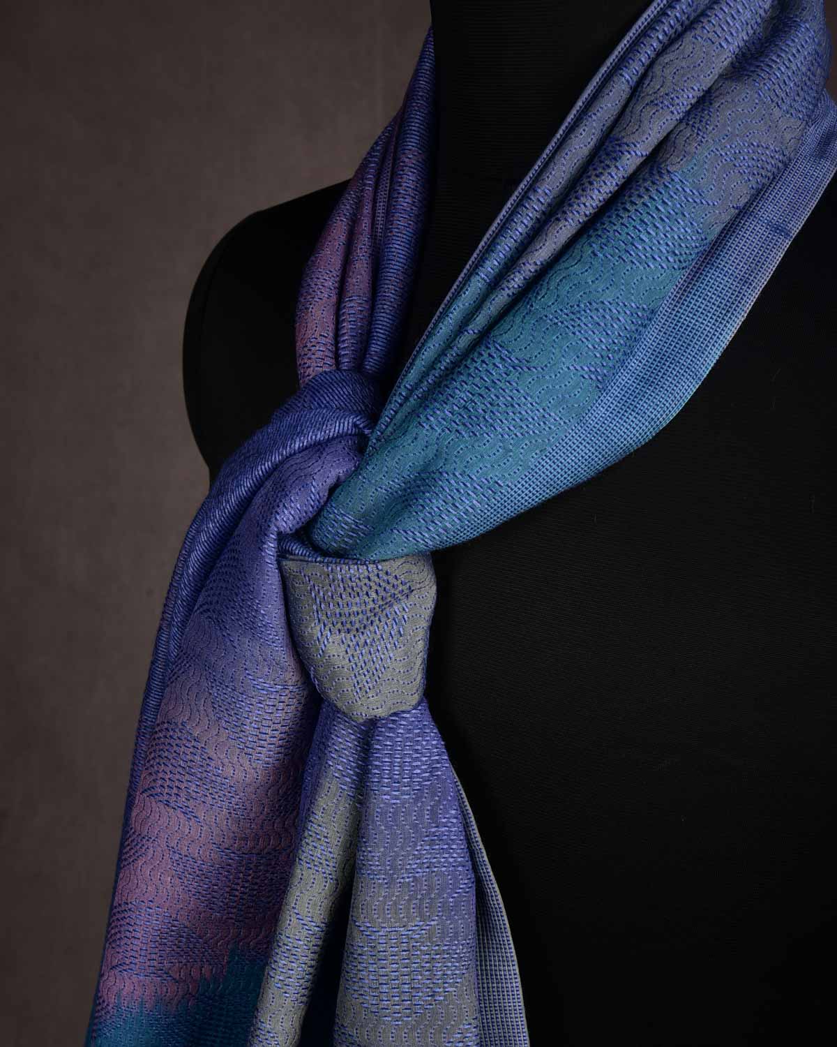 Multi-color Pinstripe Oceanic Pisces Tanchoi Handwoven Silk Wool Scarf 80"x22"-HolyWeaves