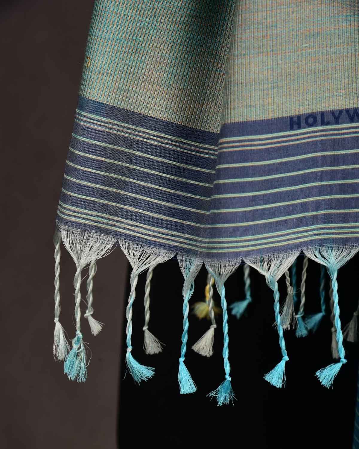 Multi-color Blue Oceanic Pisces Tanchoi Handwoven Silk Wool Scarf 80"x22"-HolyWeaves