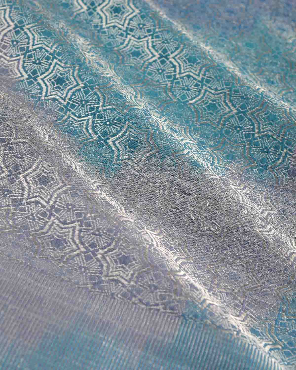 Multi-color Banarasi Silver Zari Kaleidoscopic Stars Brocade Handwoven Silk Wool Scarf 72"x22"-HolyWeaves