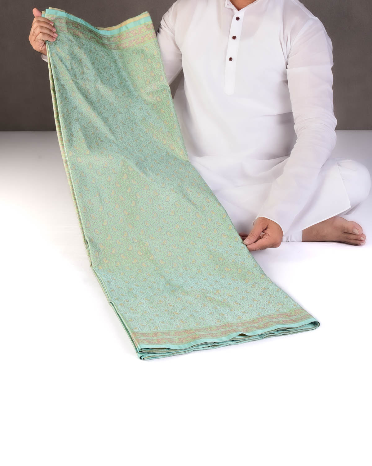 Aqua Marine Tehri Paisley Ektara Jamawar Handwoven Katan Silk Banarasi Saree-HolyWeaves