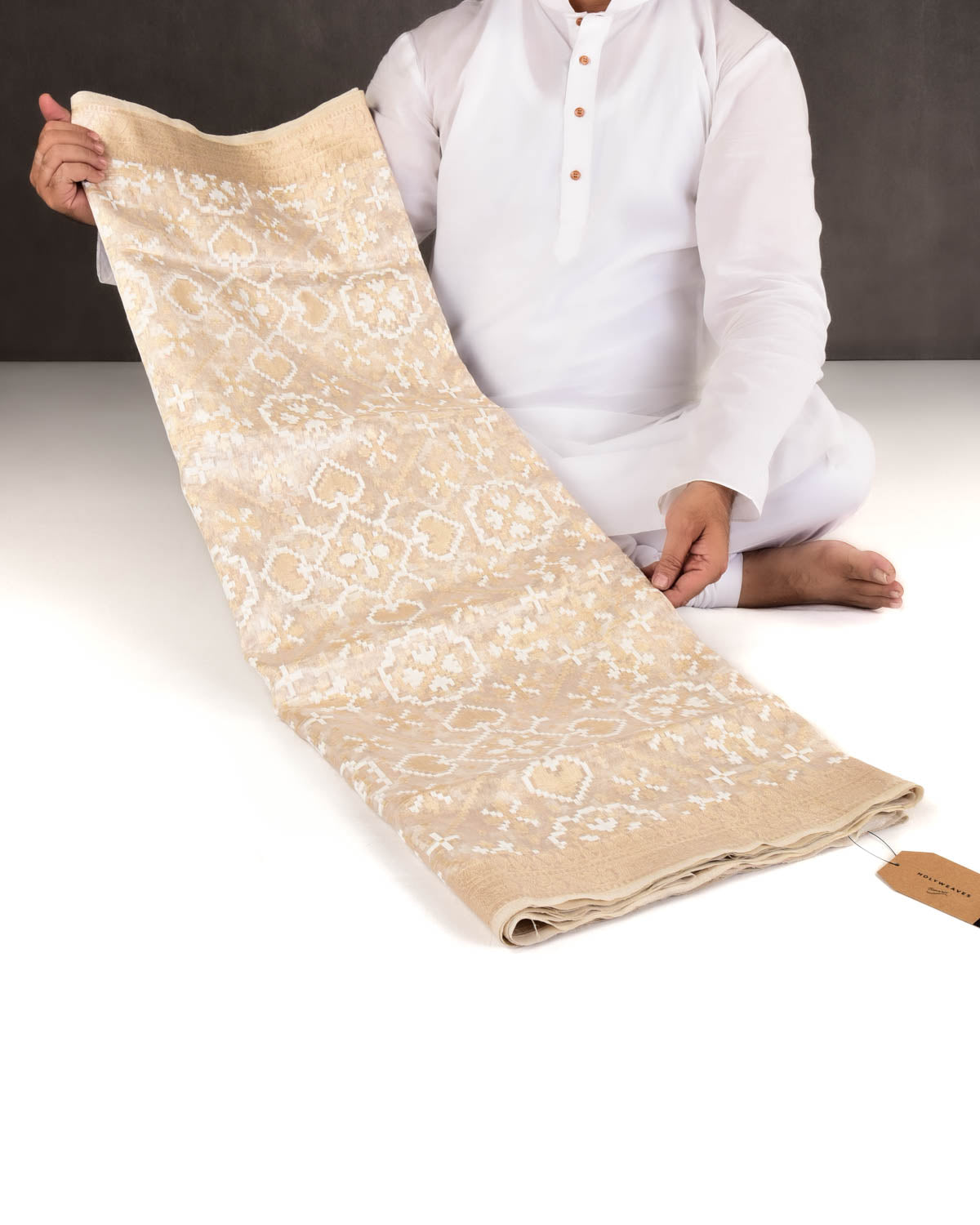 Metallic Cream Banarasi Alfi Patola Cutwork Brocade Handwoven Kora Tissue Saree-HolyWeaves