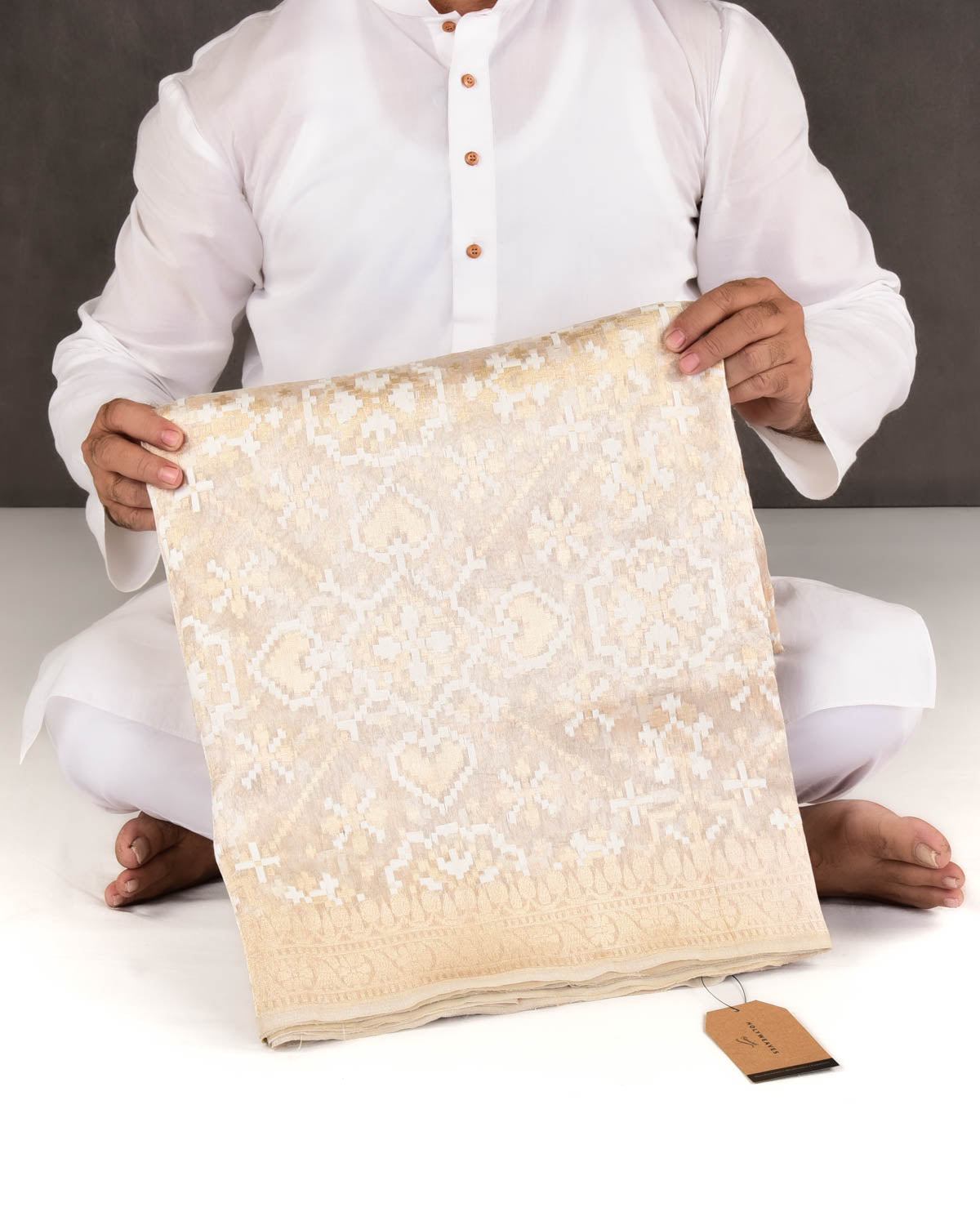 Metallic Cream Banarasi Alfi Patola Cutwork Brocade Handwoven Kora Tissue Saree-HolyWeaves