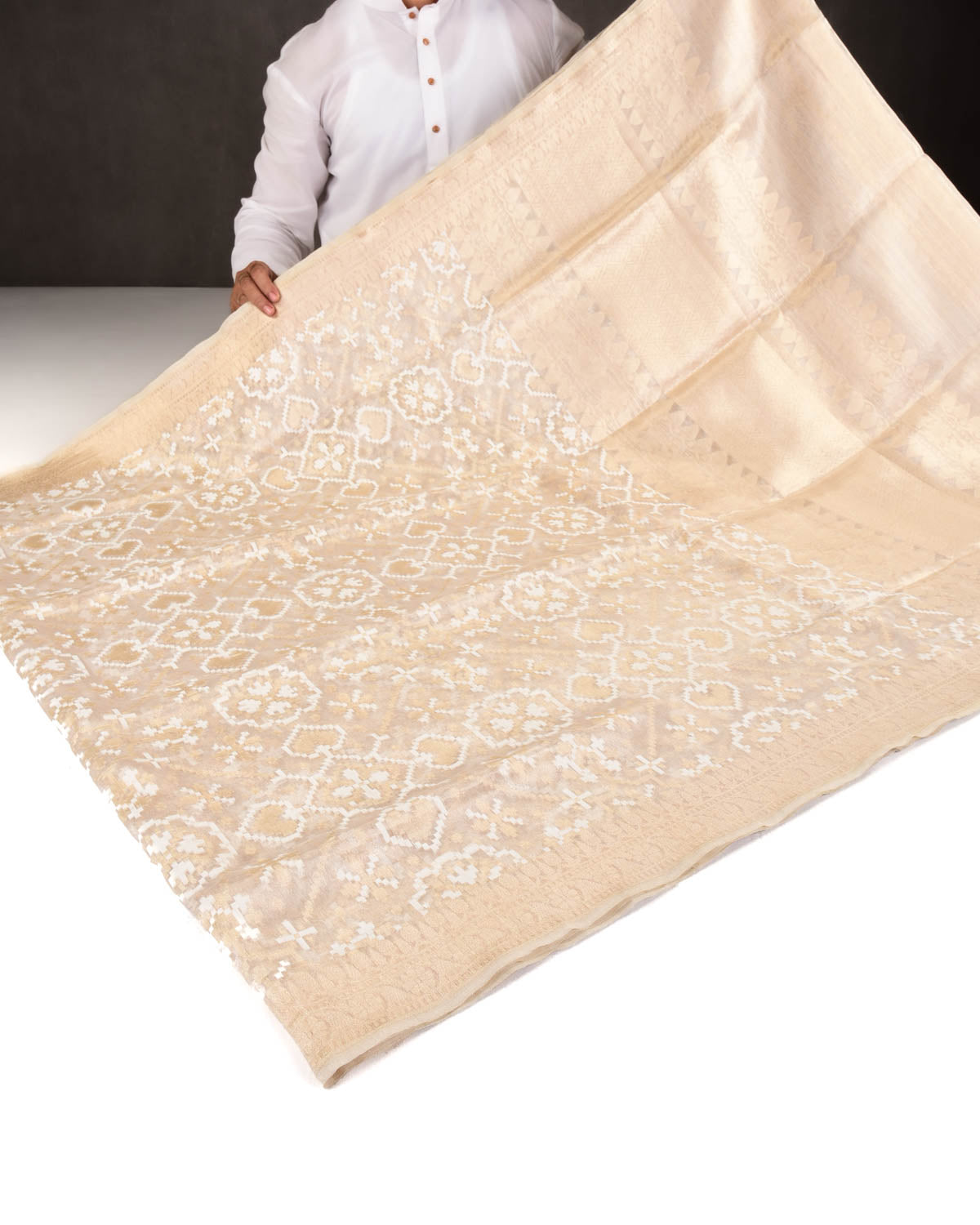 Metallic Cream Banarasi Alfi Patola Cutwork Brocade Handwoven Kora Tissue Saree-HolyWeaves