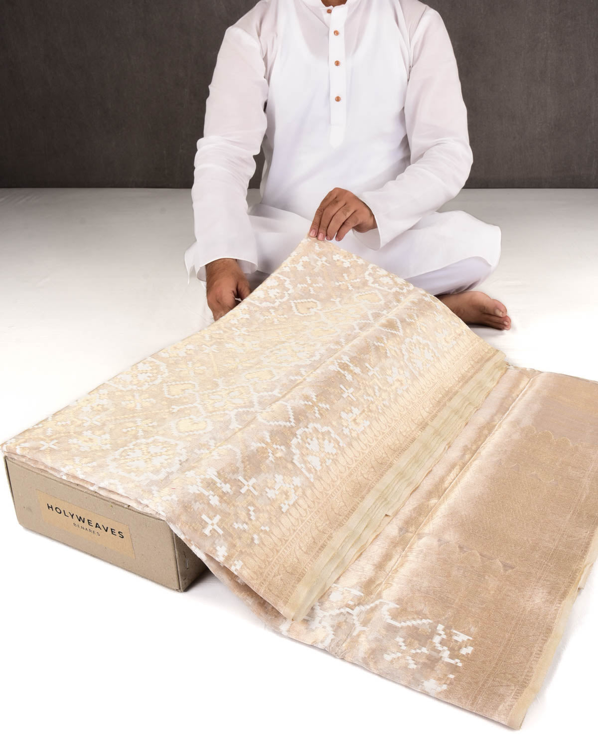 Metallic Cream Banarasi Alfi Patola Cutwork Brocade Handwoven Kora Tissue Saree-HolyWeaves