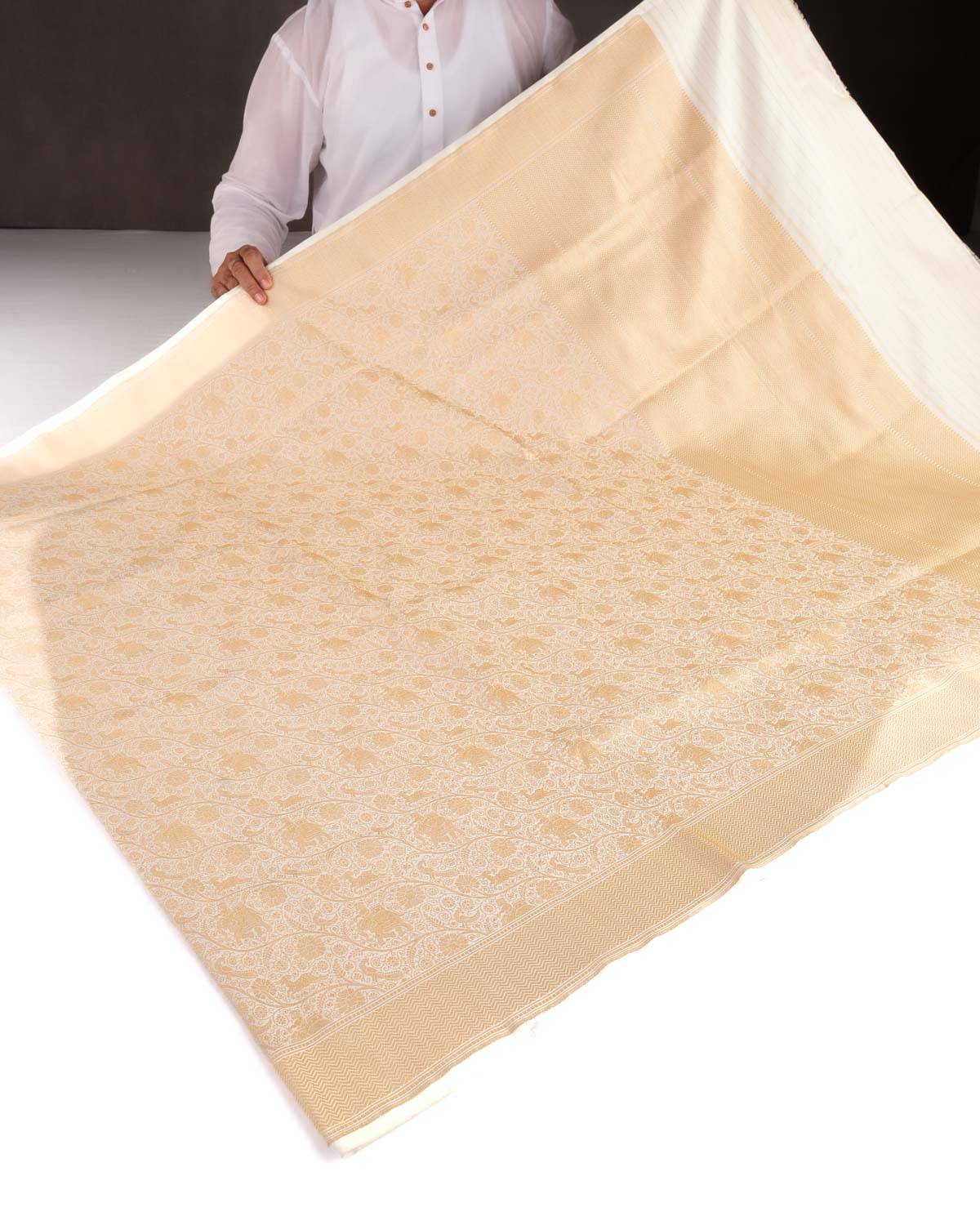 Ivory White Banarasi Elephant Deer Peacock & Maharaja Shikargah Brocade Handwoven Katan Silk Saree-HolyWeaves