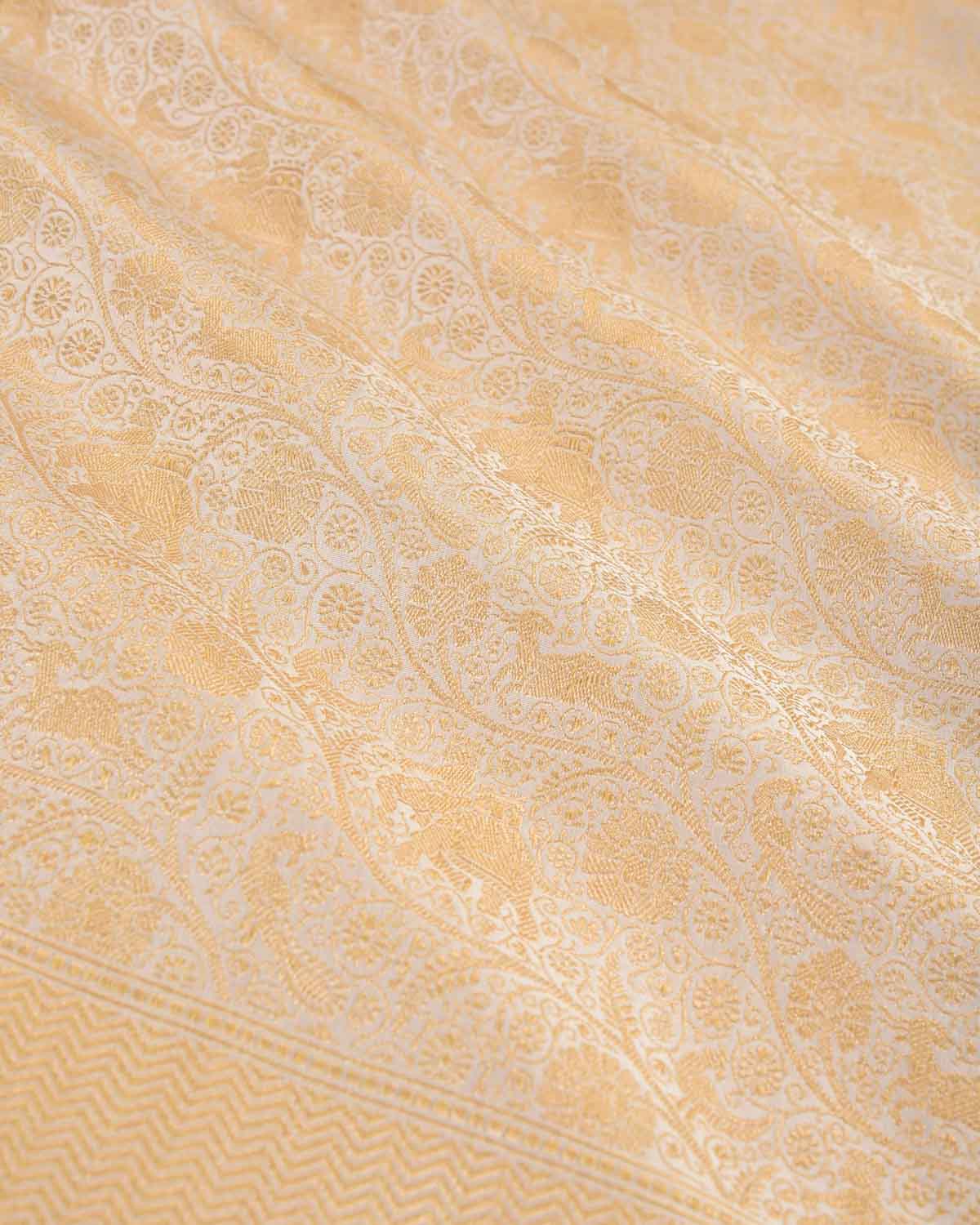 Ivory White Banarasi Elephant Deer Peacock & Maharaja Shikargah Brocade Handwoven Katan Silk Saree-HolyWeaves