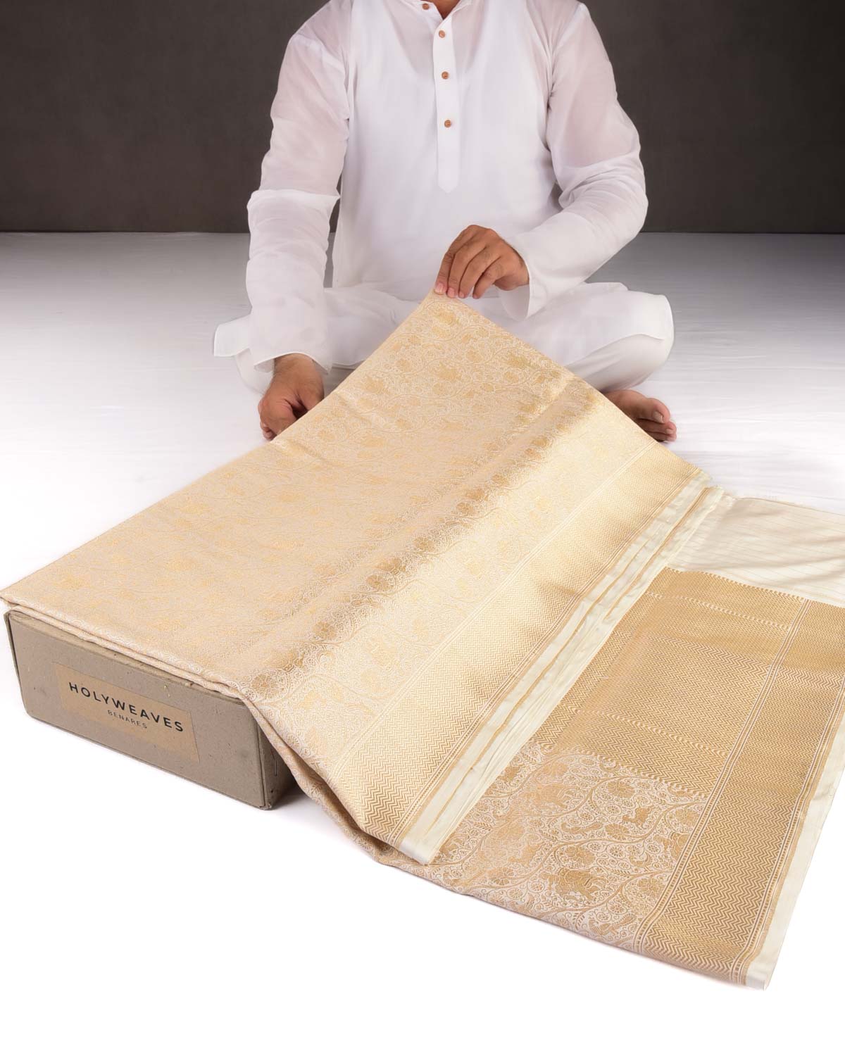 Ivory White Banarasi Elephant Deer Peacock & Maharaja Shikargah Brocade Handwoven Katan Silk Saree-HolyWeaves