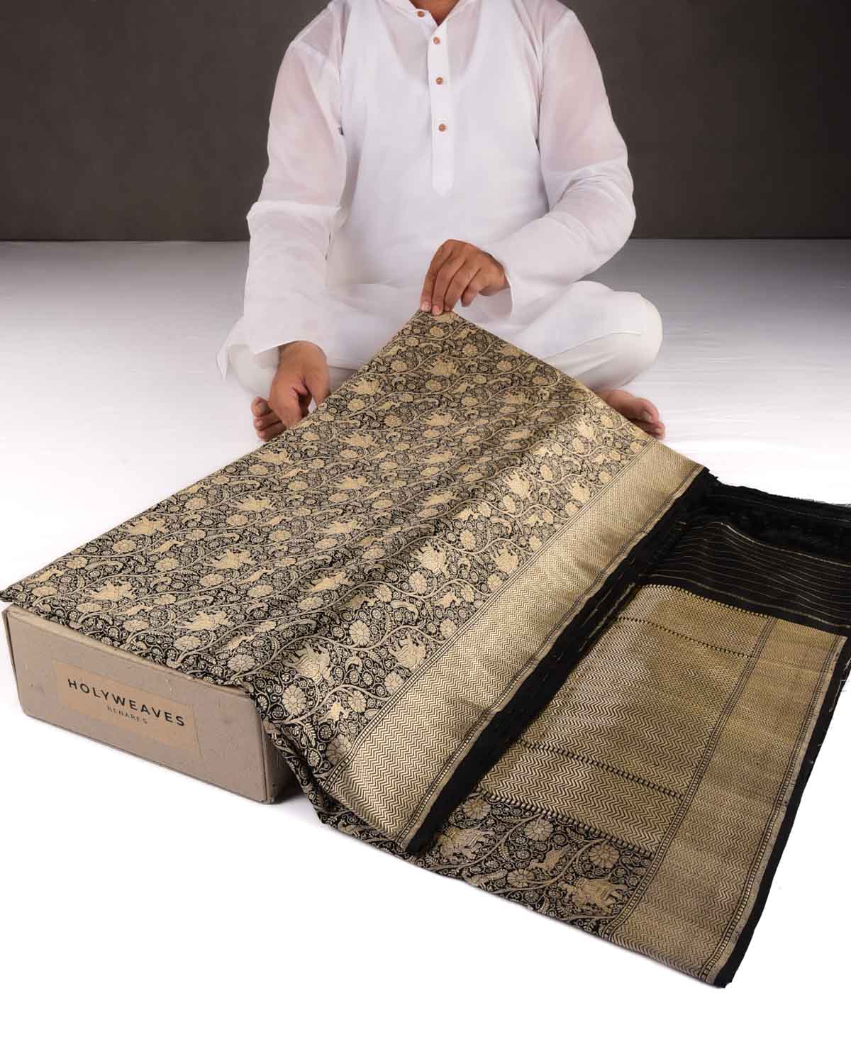 Black Banarasi Elephant Deer Peacock & Maharaja Shikargah Brocade Handwoven Katan Silk Saree-HolyWeaves