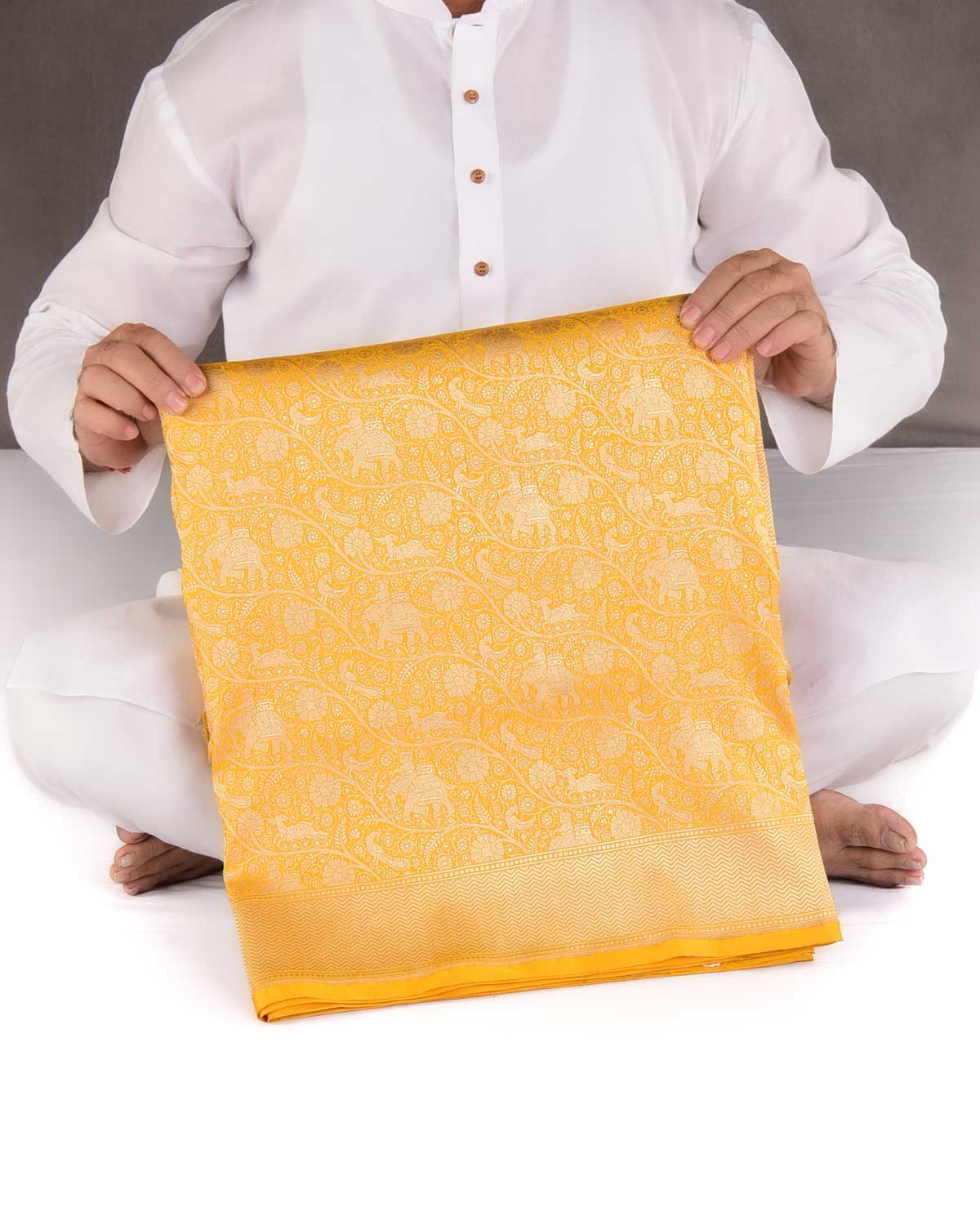 Marigold Yellow Elephant Deer Peacock & Maharaja Shikargah Brocade Handwoven Katan Silk Banarasi Saree-HolyWeaves