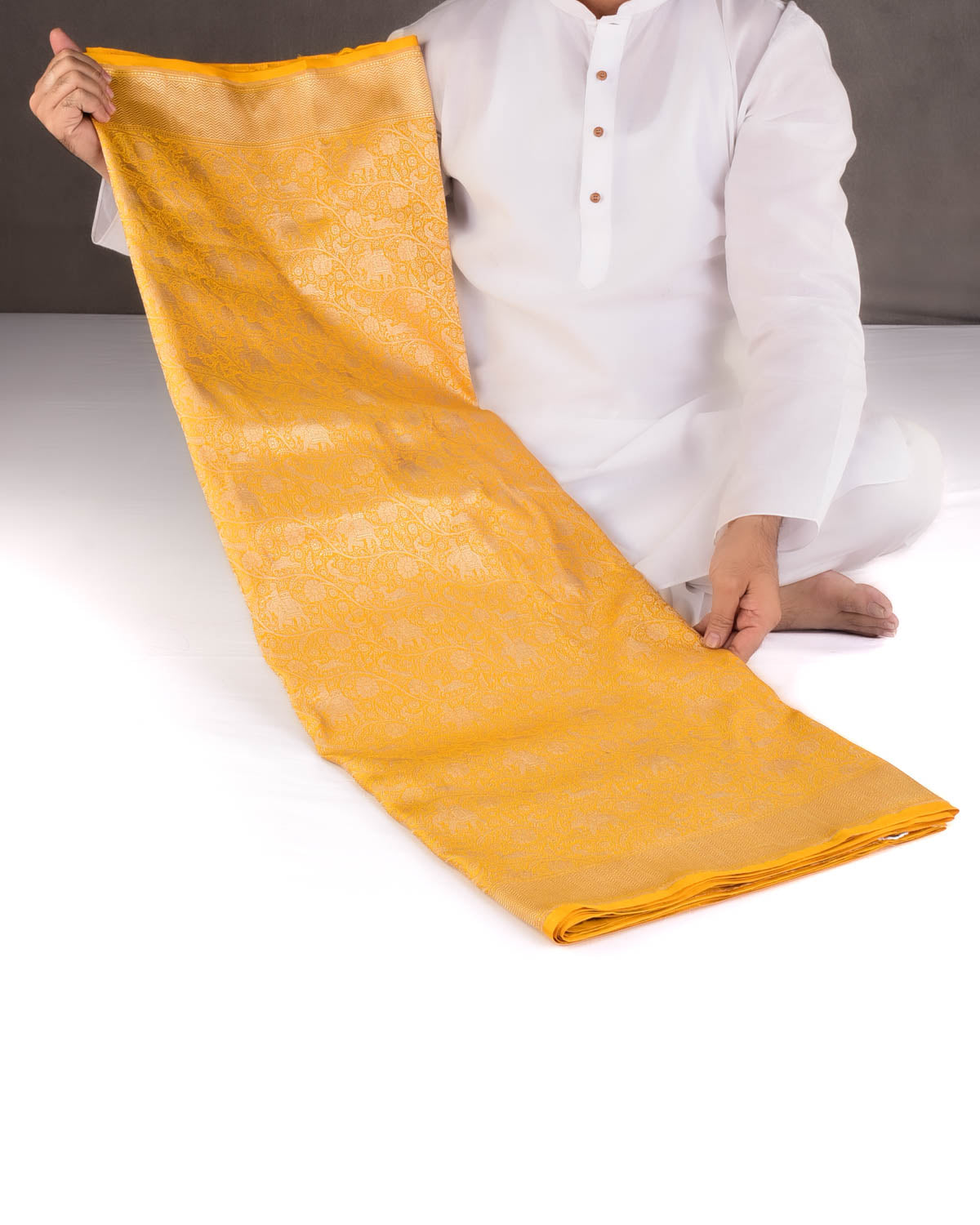 Marigold Yellow Elephant Deer Peacock & Maharaja Shikargah Brocade Handwoven Katan Silk Banarasi Saree-HolyWeaves