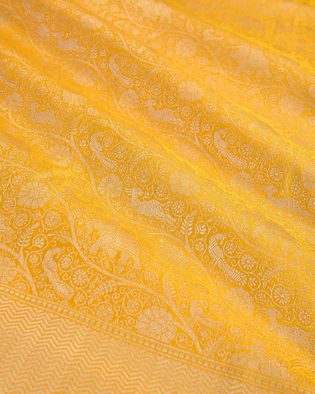 Marigold Yellow Elephant Deer Peacock & Maharaja Shikargah Brocade Handwoven Katan Silk Banarasi Saree-HolyWeaves