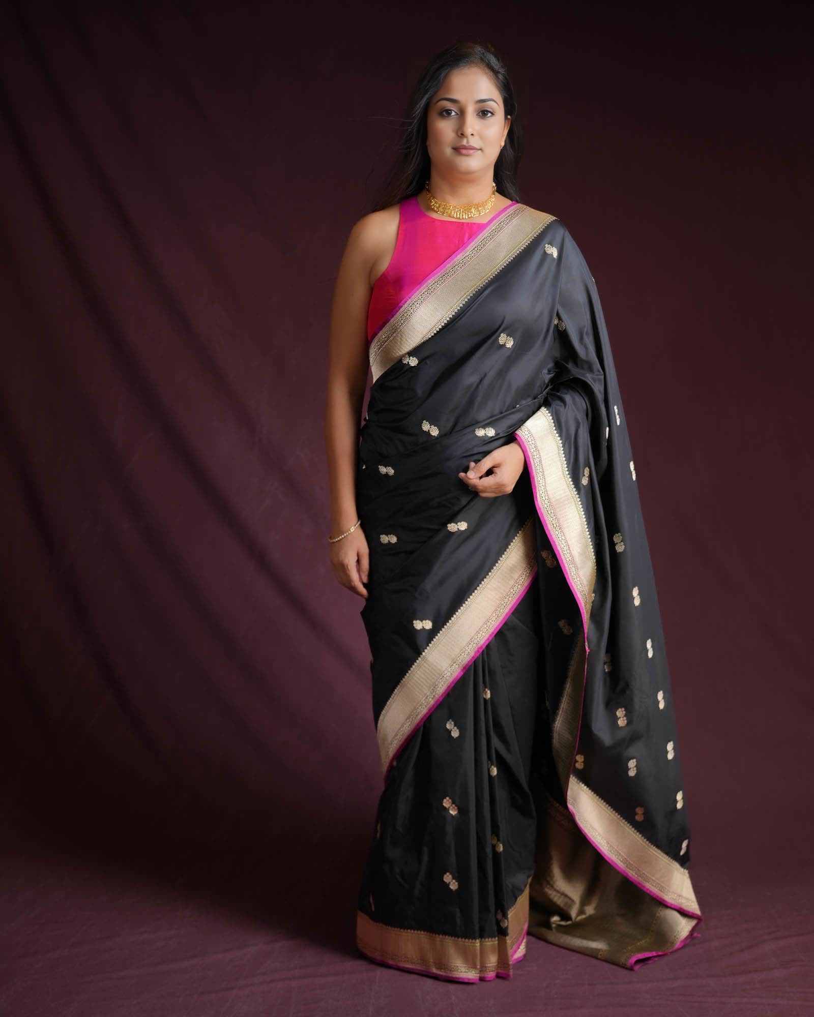 Black Banarasi Gold & Silver Zari Alfi Meena Duet Buti Kadhuan Brocade Handwoven Katan Silk Saree with Meenekari Koniya Buta-HolyWeaves