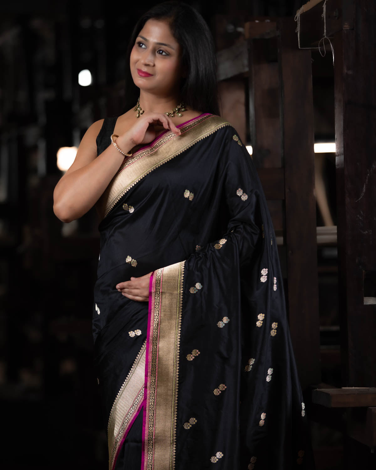 Classy in Simple Black and Muted Gold Saree | Golden saree, Saree look, Black  saree