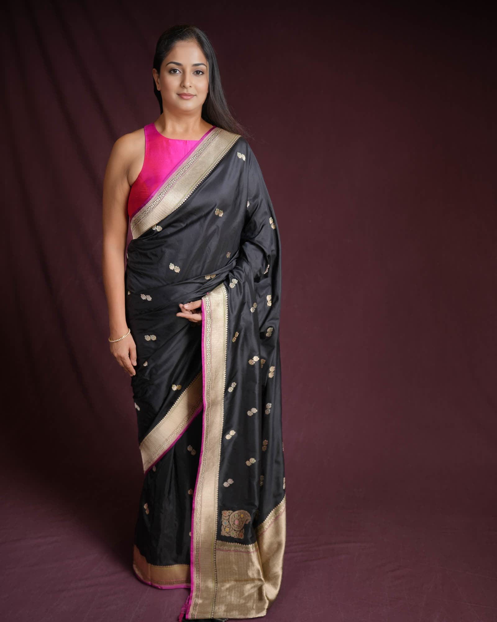 Black Banarasi Gold & Silver Zari Alfi Meena Duet Buti Kadhuan Brocade Handwoven Katan Silk Saree with Meenekari Koniya Buta-HolyWeaves