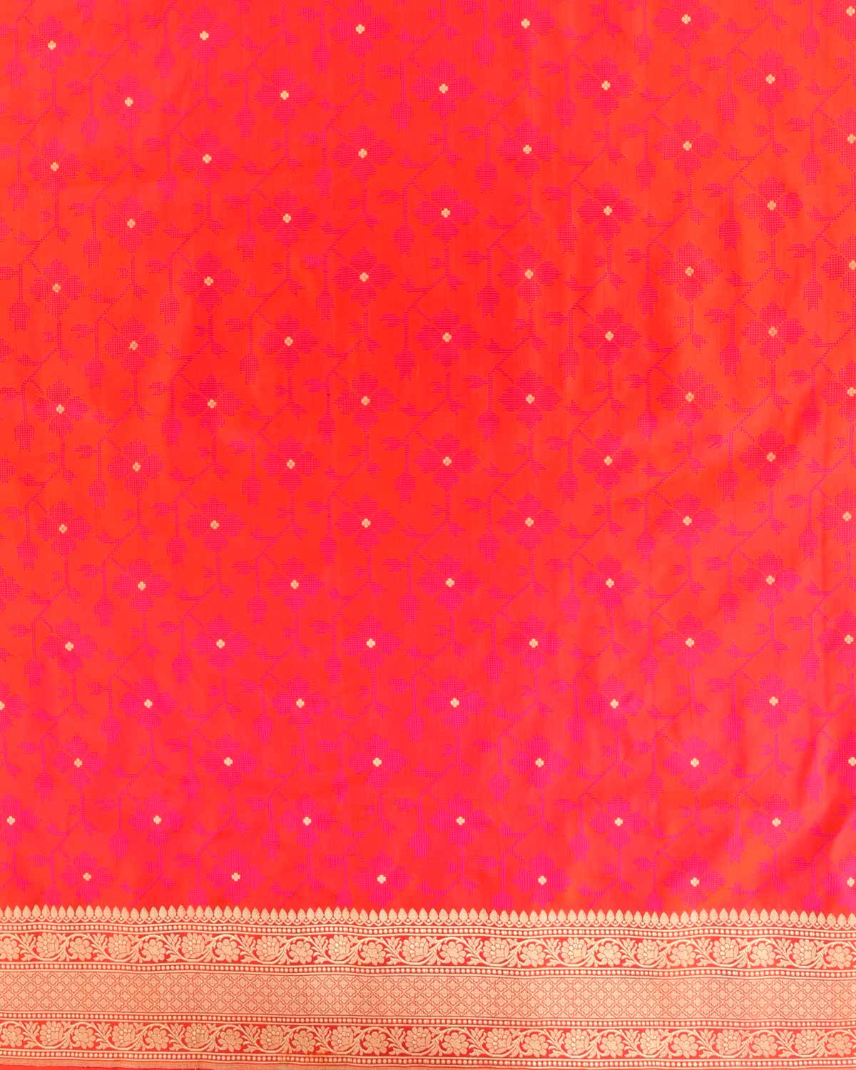 Shot Orange Cross Stitch Jaal Satin Tanchoi Brocade Handwoven Katan Silk Banarasi Saree with Gold Zari Accents-HolyWeaves