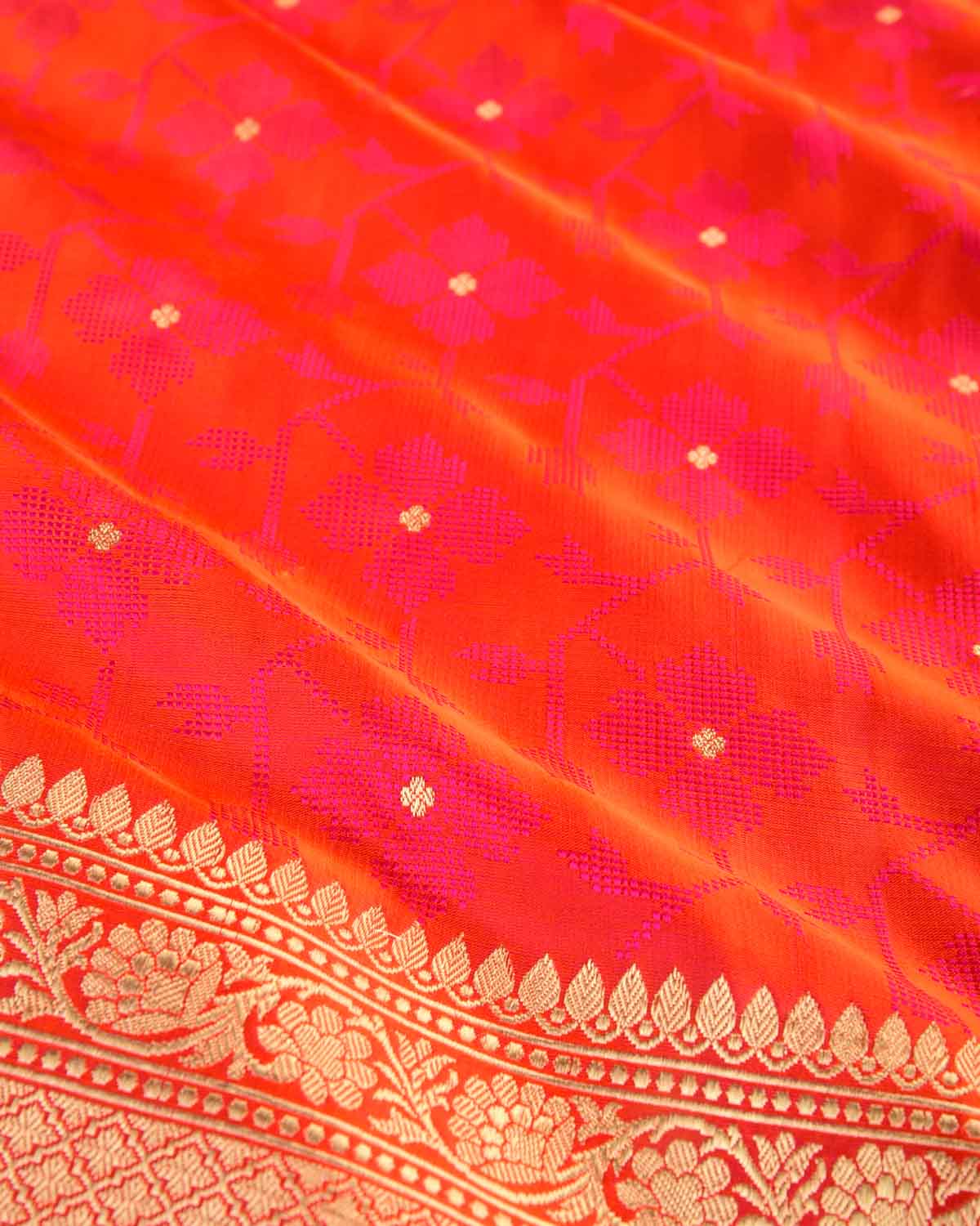 Shot Orange Cross Stitch Jaal Satin Tanchoi Brocade Handwoven Katan Silk Banarasi Saree with Gold Zari Accents-HolyWeaves