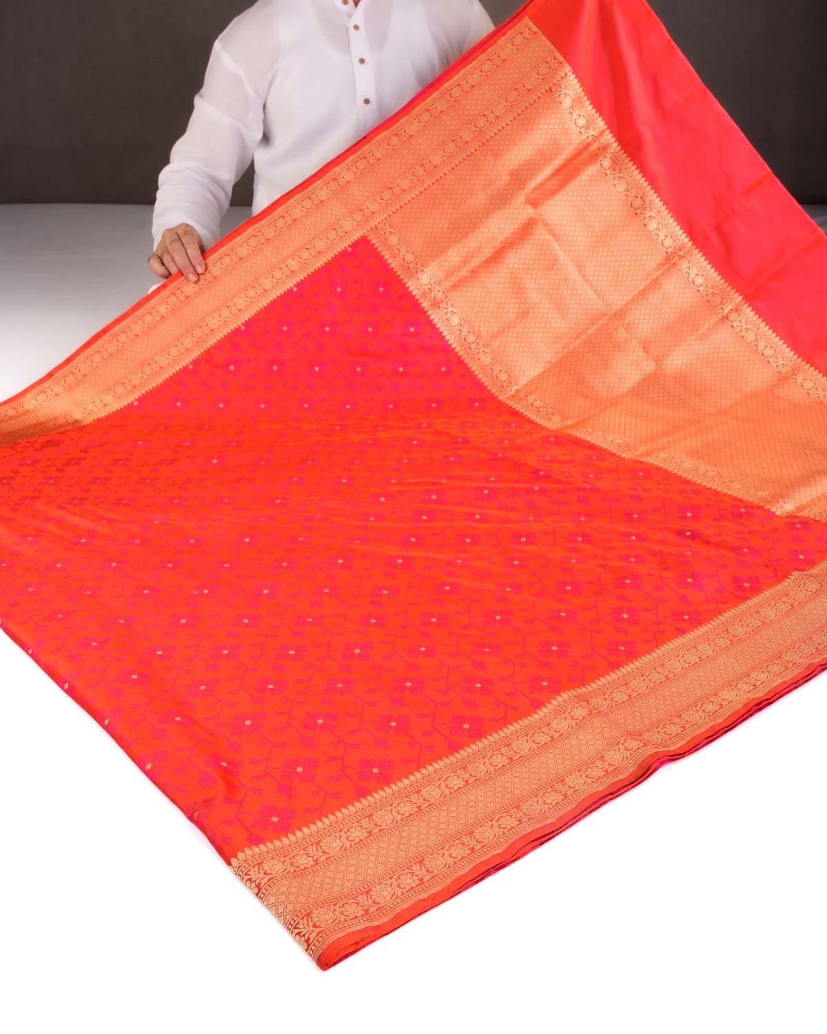 Shot Orange Cross Stitch Jaal Satin Tanchoi Brocade Handwoven Katan Silk Banarasi Saree with Gold Zari Accents-HolyWeaves