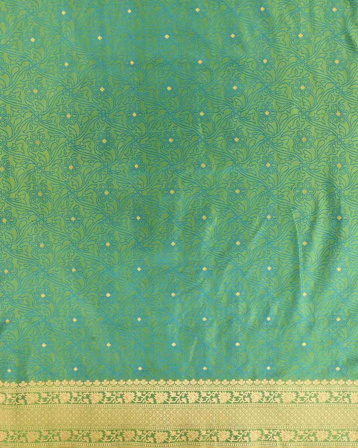 Shot Green Dotted Jaal Satin Tanchoi Brocade Handwoven Katan Silk Banarasi Saree with Gold Zari Accents-HolyWeaves