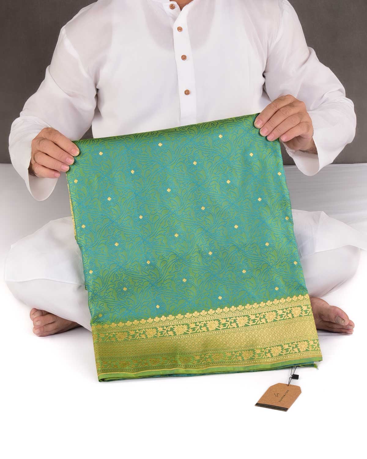 Shot Green Dotted Jaal Satin Tanchoi Brocade Handwoven Katan Silk Banarasi Saree with Gold Zari Accents-HolyWeaves