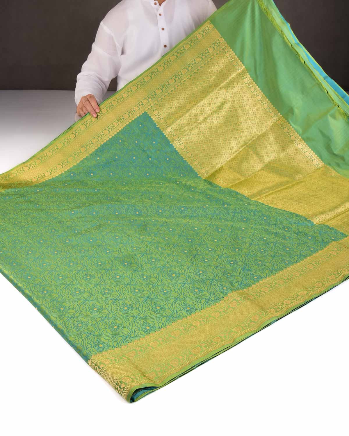 Shot Green Dotted Jaal Satin Tanchoi Brocade Handwoven Katan Silk Banarasi Saree with Gold Zari Accents-HolyWeaves