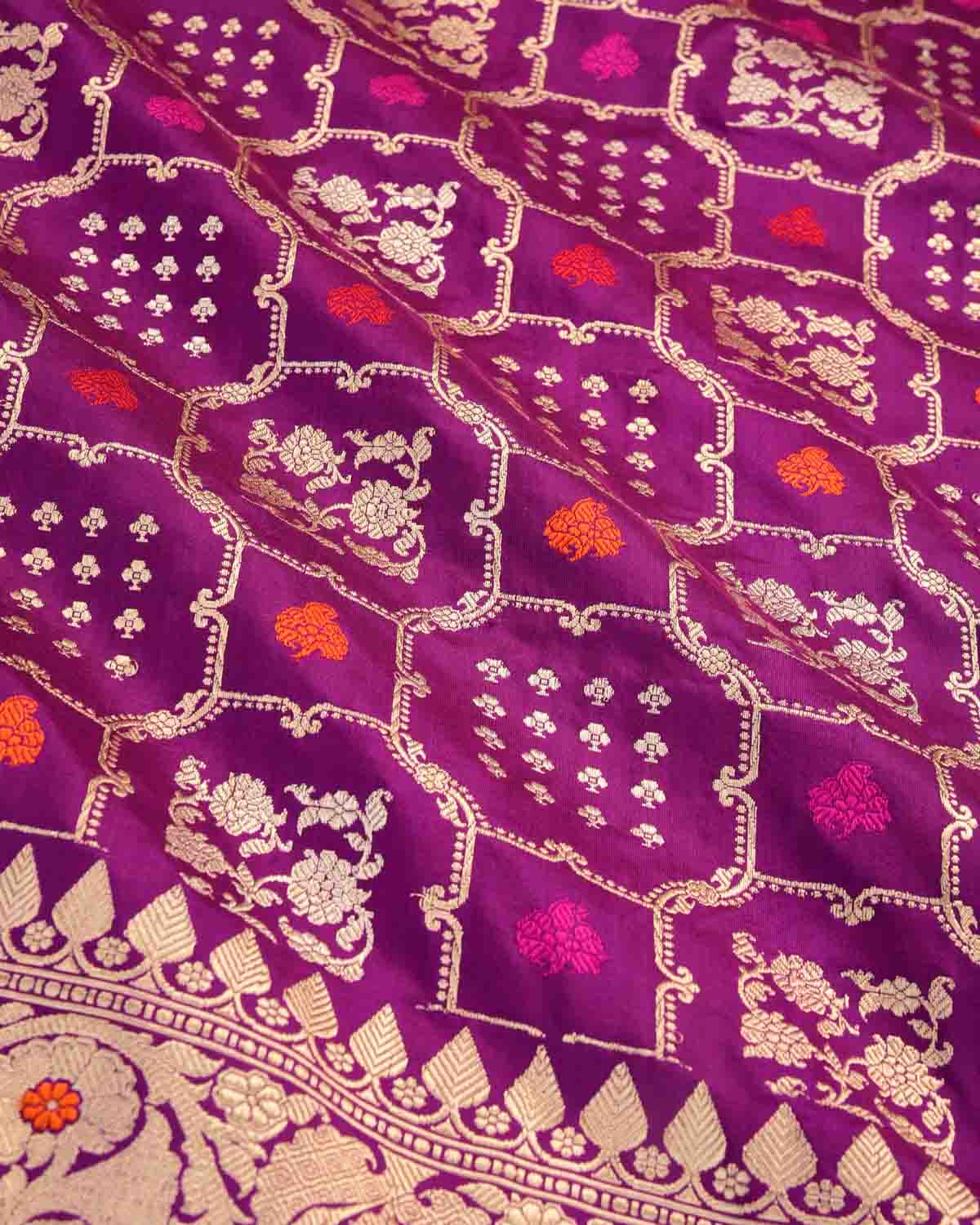 Purple Gold & Silver Zari & Resham Meena Gharchola Kadhuan Brocade Handwoven Katan Silk Banarasi Saree-HolyWeaves