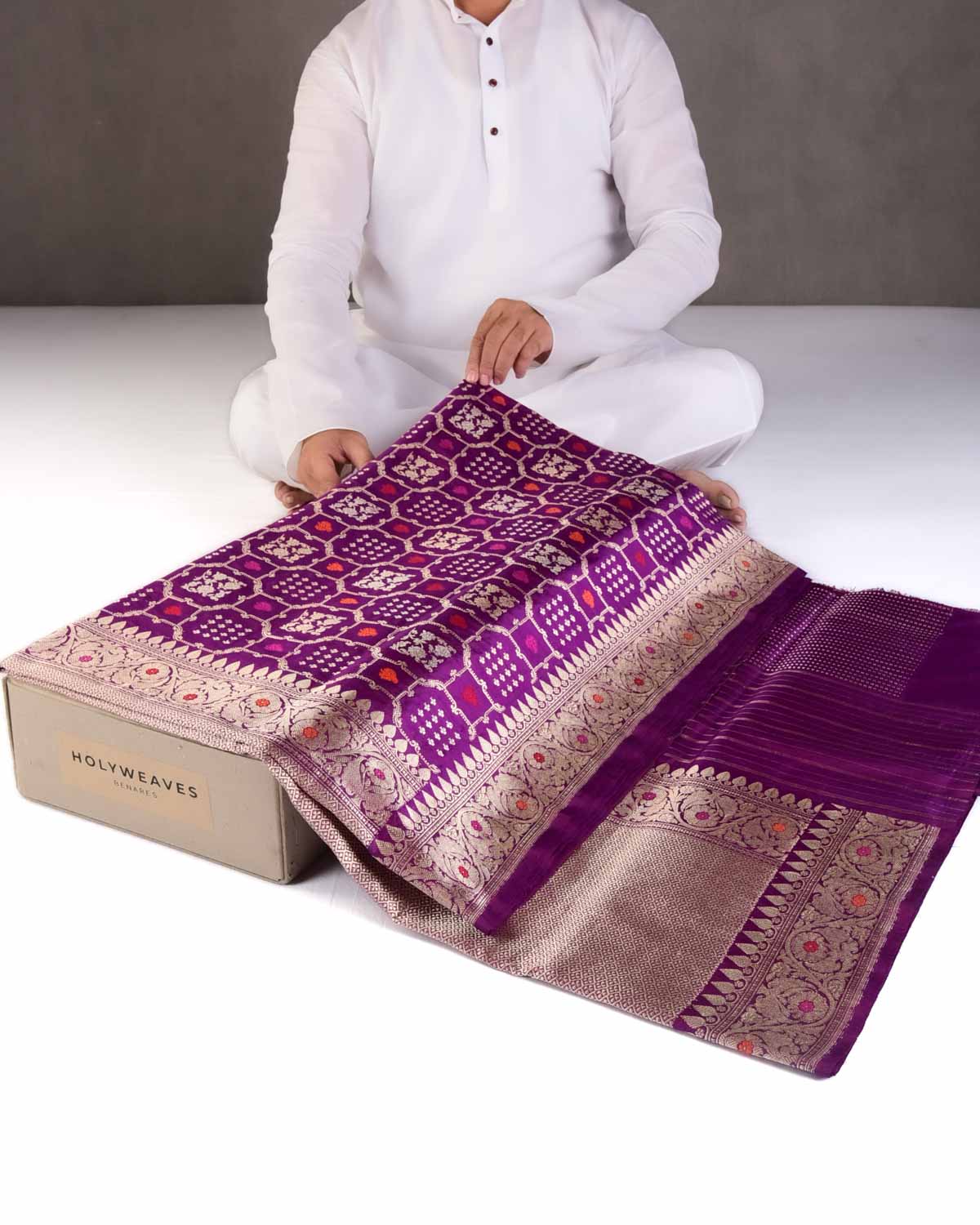 Purple Gold & Silver Zari & Resham Meena Gharchola Kadhuan Brocade Handwoven Katan Silk Banarasi Saree-HolyWeaves