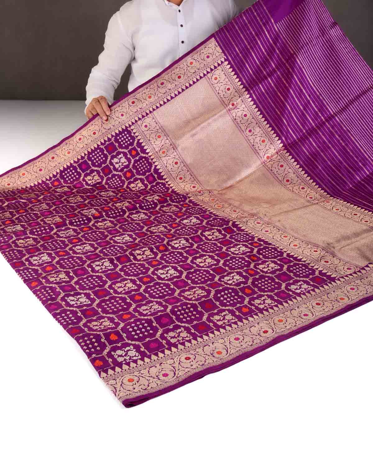 Purple Gold & Silver Zari & Resham Meena Gharchola Kadhuan Brocade Handwoven Katan Silk Banarasi Saree-HolyWeaves