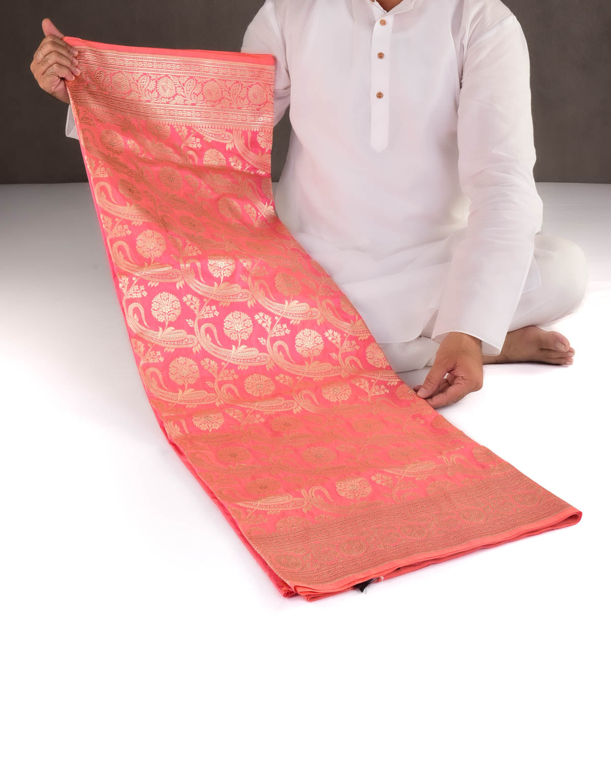 Pink Gold Zari Cutwork Brocade Handwoven Katan Silk Banarasi Diagonal Paisleys Saree-HolyWeaves